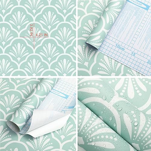 Miniatura 5 de Guvana Papel tapiz geométrico para despegar y pegar, de 17.32 x 118 pulgadas, color verde, patrón de enrejado blanco, papel de contacto,