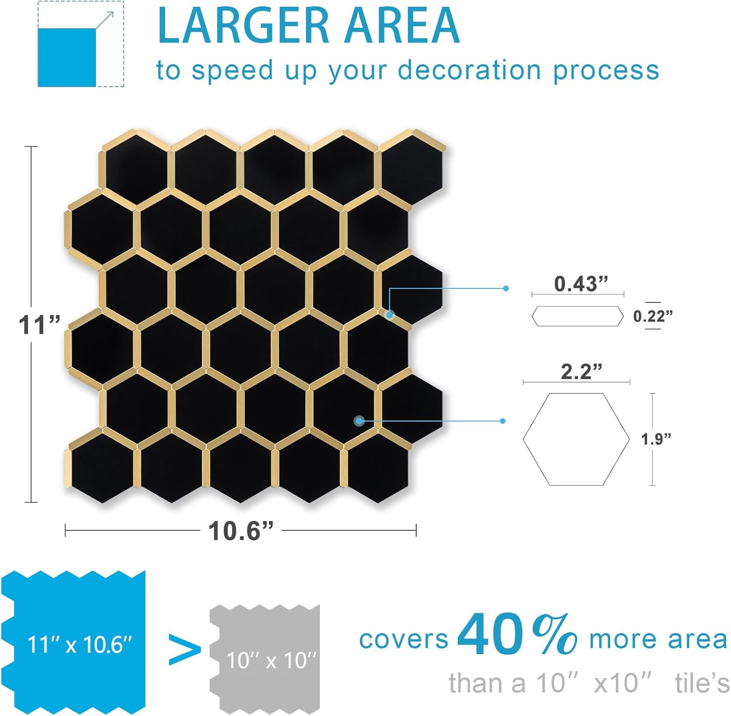 Hexagon Peel and Stick on Backsplash for Kitchen and Bathroom, Black Marble Look PVC Mixed Metal Gold Self Adhesive Metal Mosaic Tiles(10 Sheets, Seamless)