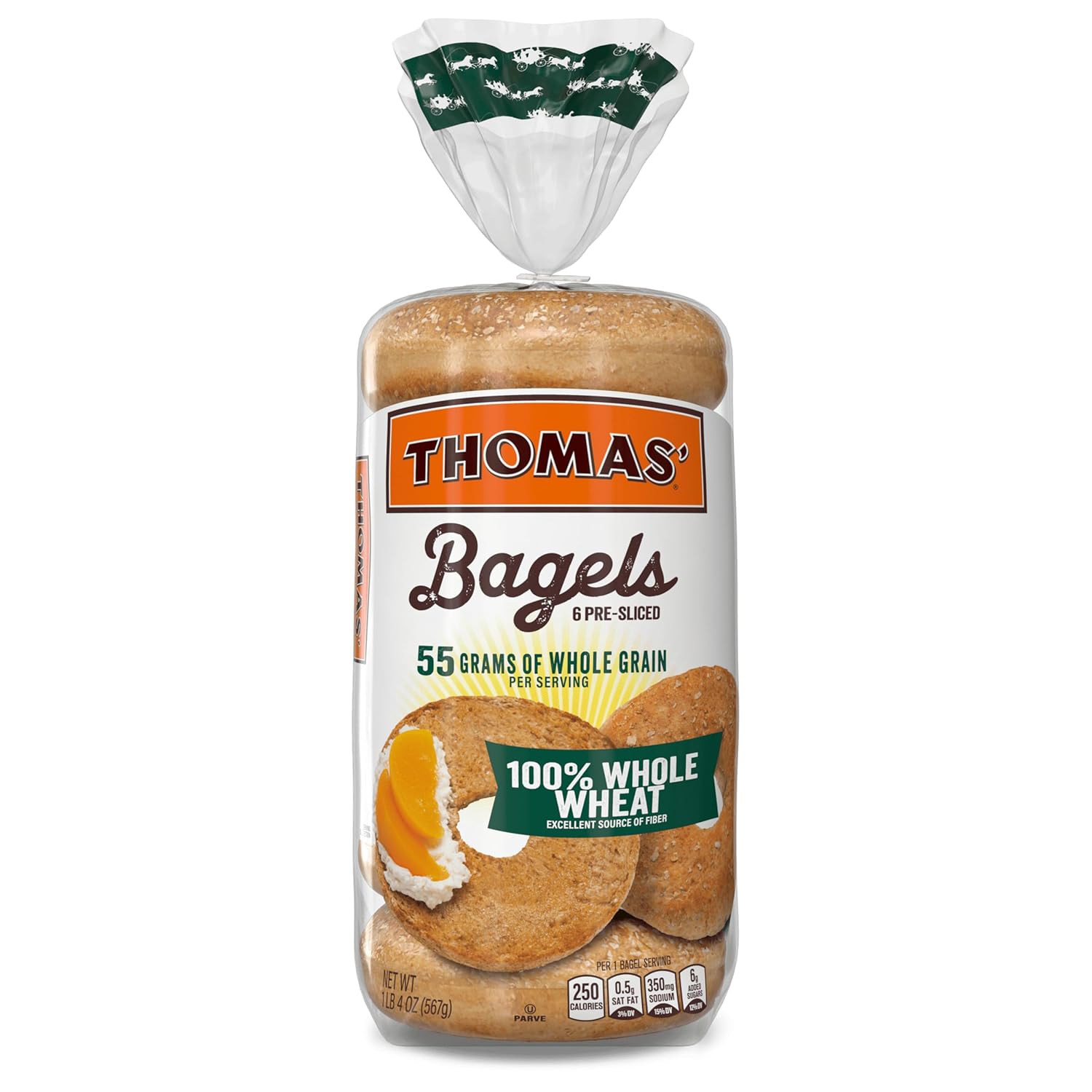 Thomas' 100% Whole Wheat Bagels - 6 Pre-Sliced High-Fiber Bagels, No HFCS, 55g Whole Grain per Serving, 20oz
