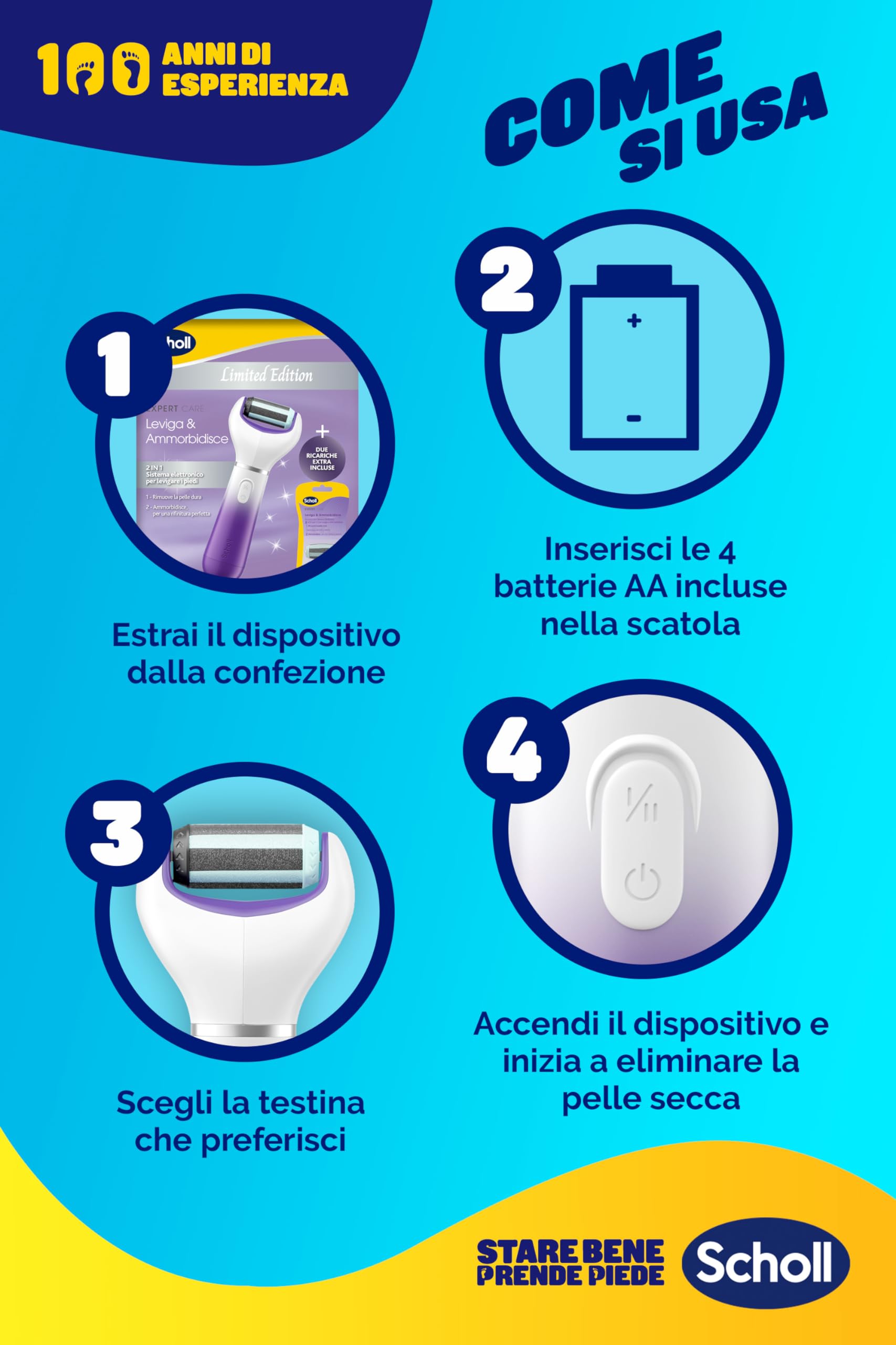 Scholl 2-in-1 Glättet und erweicht Limited Edition, elektrische Pediküre für rissige Füße und Fersen, 3 Doppelwirkungsköpfe im Lieferumfang enthalten, professionelle Fußraspel, entfernt harte Haut und