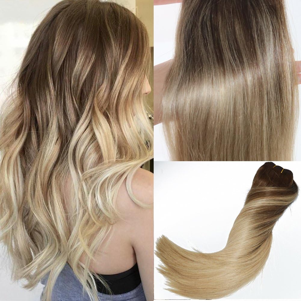 120Gram Virgin Remy Balayage Hair Clip in Extensions Ombre Medium Brown to Ash Blonde Highlights Real Human Hair Extensions (20 inch, 4/18)