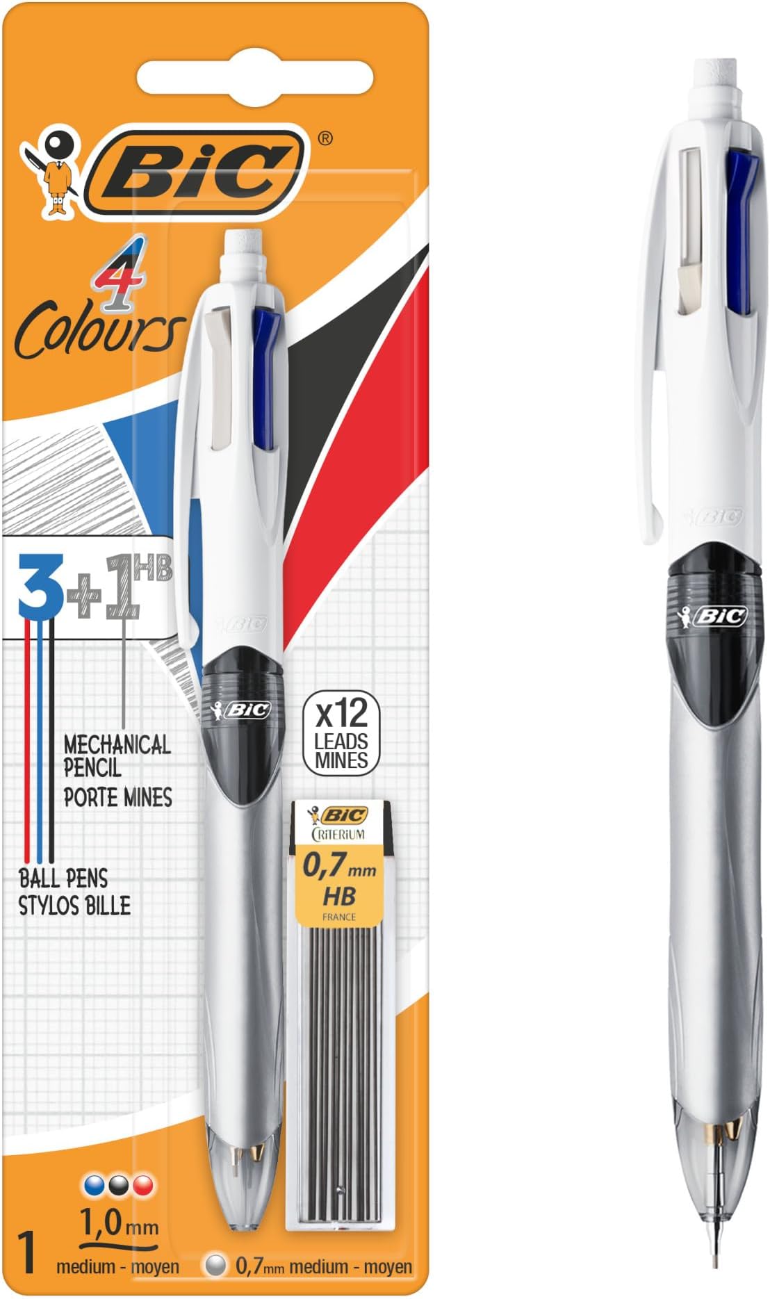 4 Colours Pen and Pencil Combo - Multicolour Retractable Ballpoint Pens and HB Pencil (12 x 0.7mm Leads)