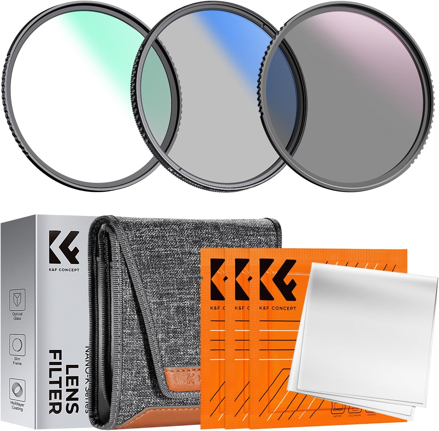 K&F Concept 55mm UV/CPL/ND Lens Filter Kit (3 Pieces)-18 Multi-Layer Coatings, UV Filter + Polarizer Filter + Neutral Density Filter (ND4) + Cleaning Cloth+ Filter Pouch for Camera Lens (K-Series)