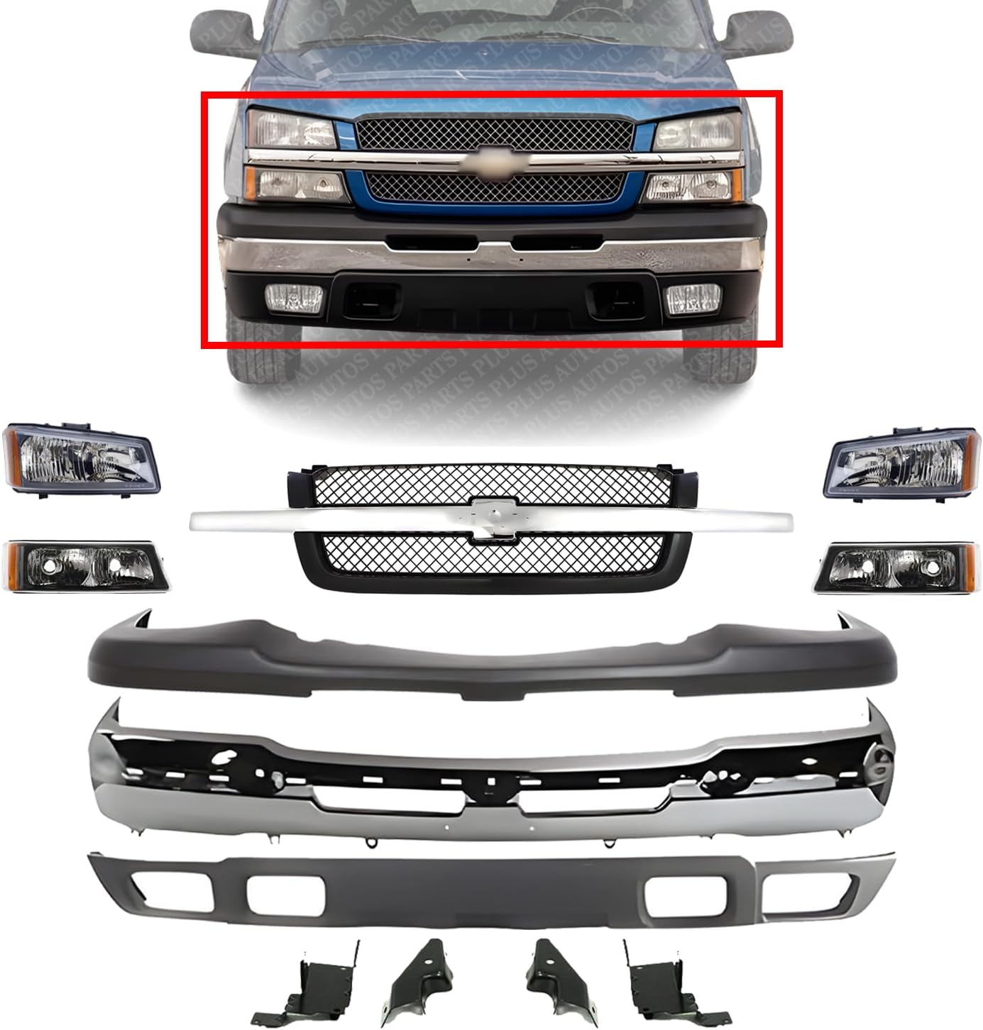AUTOS PARTS PLUS Front Bumper Chrome + Grille + Upper Cover + Valance + Brackets Set + Head & Signal Lamp RH & LH Side Direct Replacement Compatible With Silverado 1500 2003-2006 / Avalanche 2002-2006