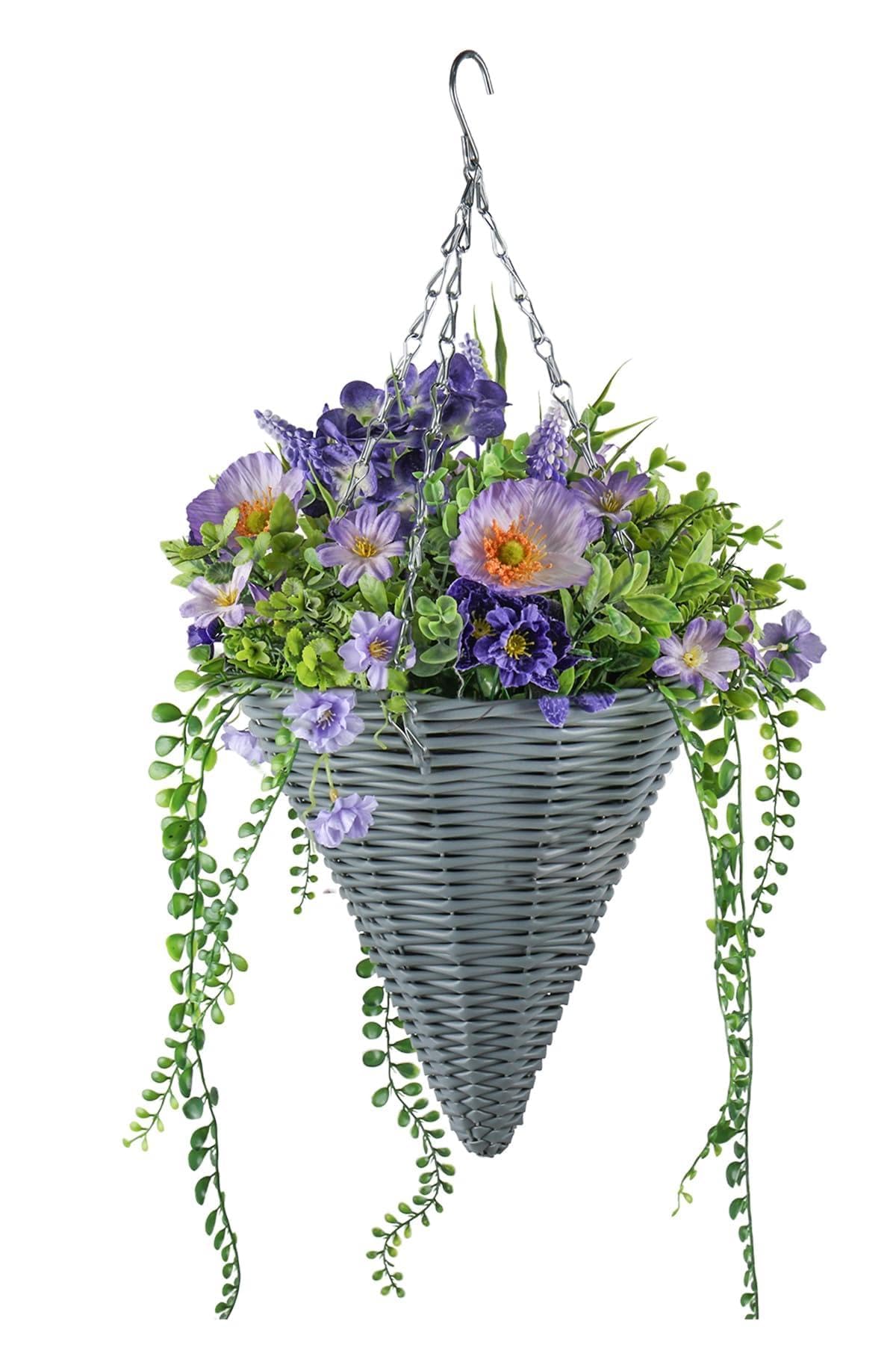 GOVIRAYE Artificial Flower Hanging Basket 35cm – Purple Woven Planter for Outdoor & Indoor Decor (Porch, Patio, Balcony, Garden) – Weather Resistant & No Maintenance