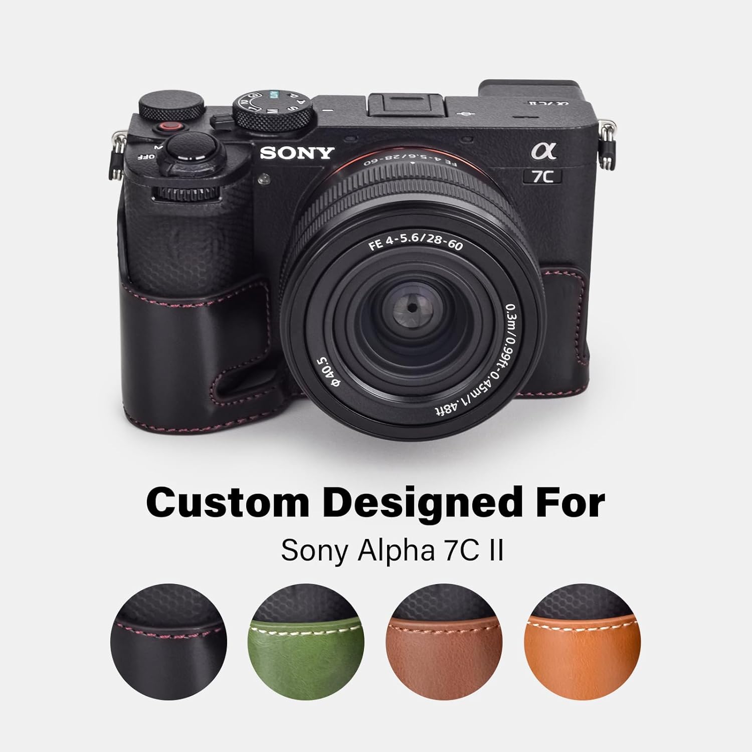 Rieibi Alpha 7C II Case - Premium PU Leather Half Case for Sony A7C II/Alpha 7C Mark II/A7C2 Digital Camera - Protective Grip with Hand Grip & Opening Bottom - Black