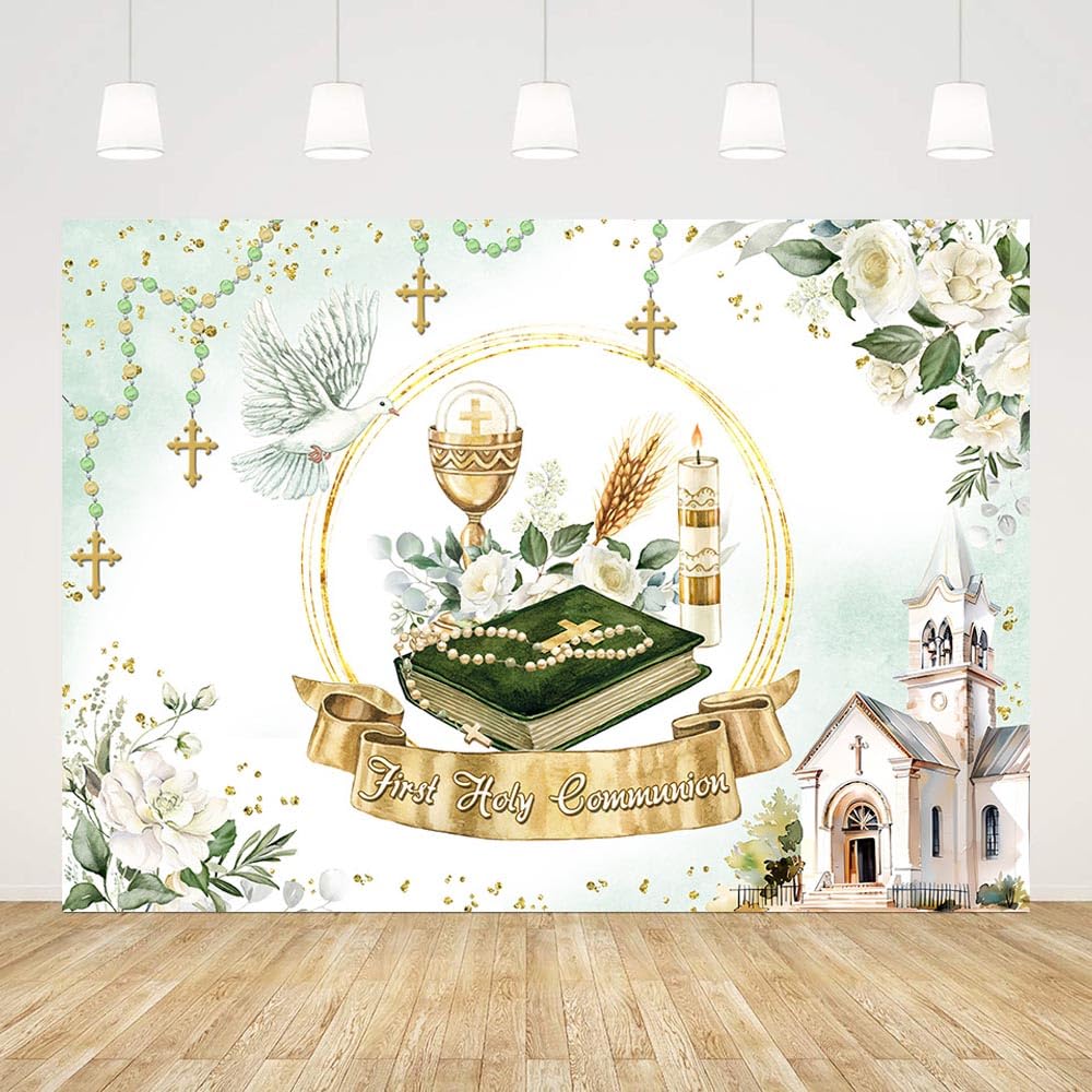 AIBIIN 7x5ft First Holy Communion Backdrop Greenery Mi Primera Comunion Photography Background Baptism Christening God Bless Mi Bautizo Party