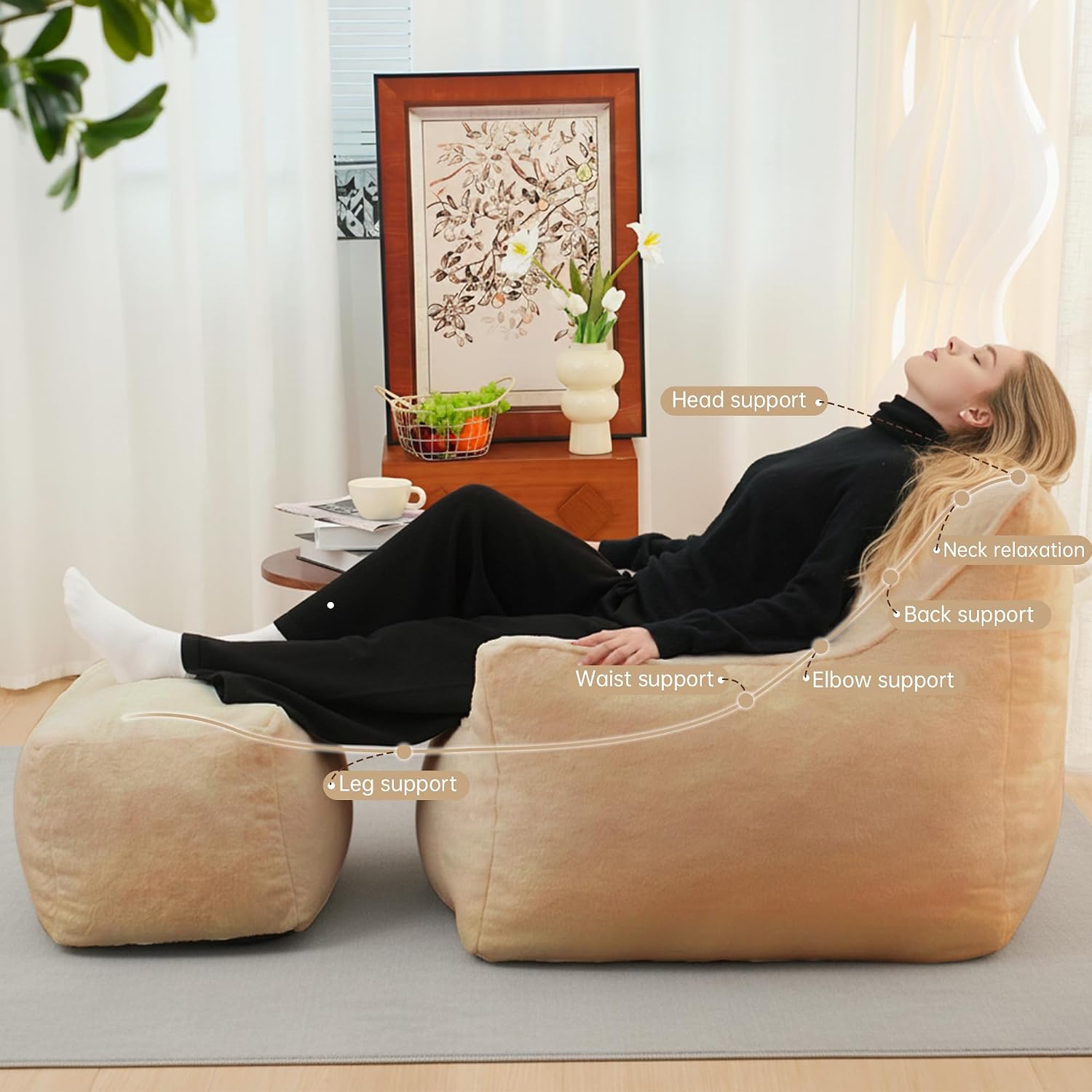 Cvortll Bean Bag Chair with Ottoman, Ultra Soft Fluffy Faux Fur Bean Bag Chairs with Foot Rest, Comfy BeanBag Sofa with Memory Foam, Armchair for Living Room, Bedroom & Game Rooms (Apricot)