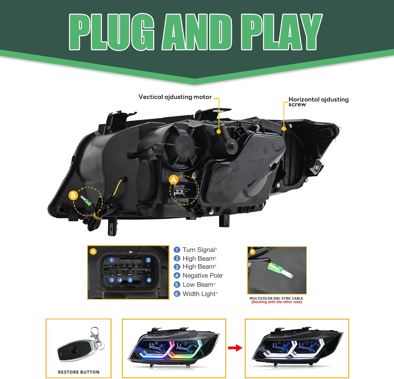 LETSLATE Headlights Compatible with Bimmer 3 Series E90 E91 LCI 2009-2012, Front Lamps w/Sequential Turn Signal w/Multicolor Halo DRL, Only Fit OE Halogen