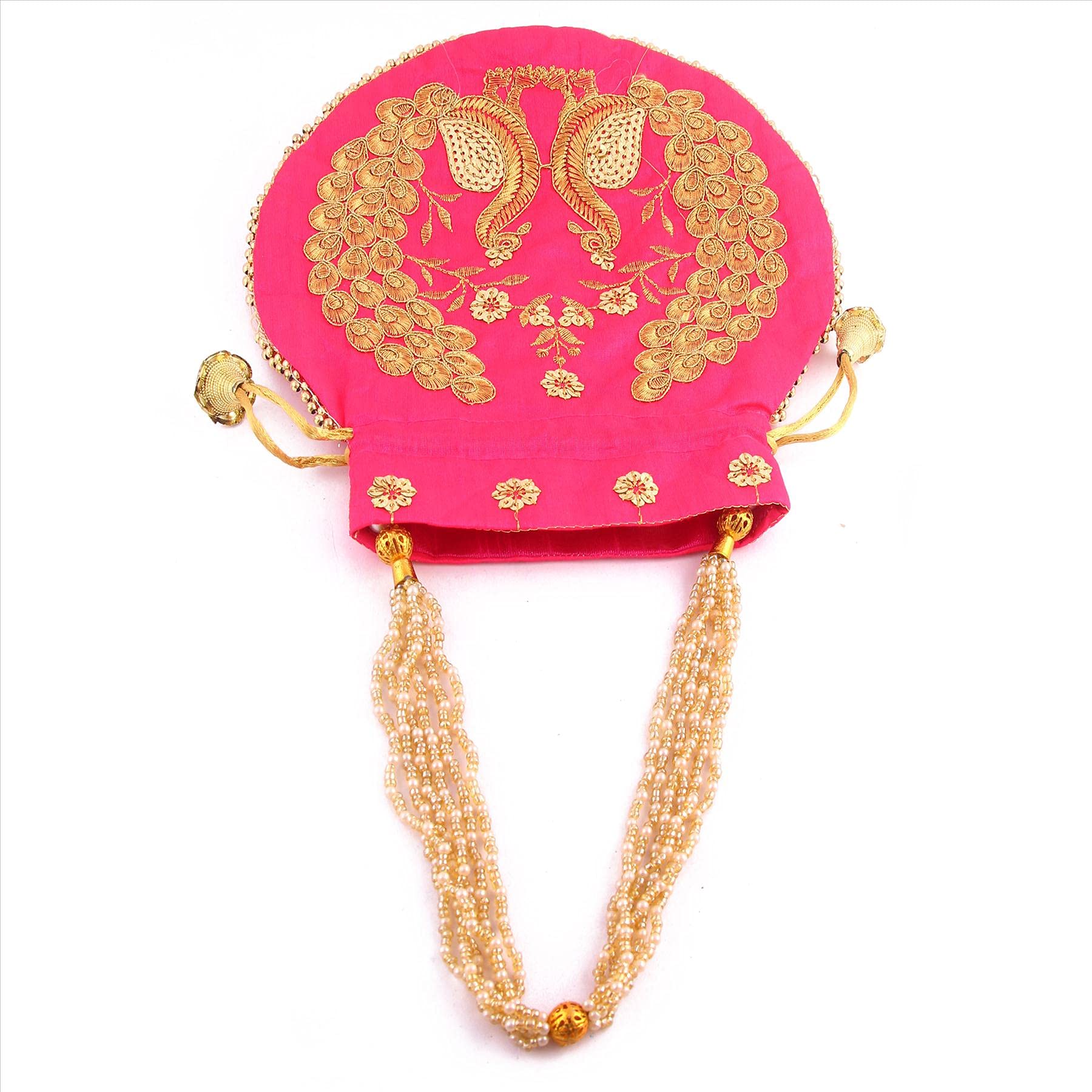 Indian Handicraft Women's/Girl's Dual Peacock Work Potli Hand Bag-08-image-43