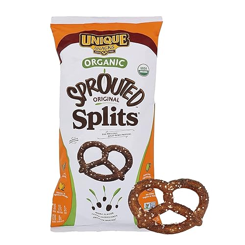 Unique Snacks Brotados Splits Pretzels Germinados, Deliciosos Homestyle horneados, Certificado OU Kosher y sin OMG, Sin Sabor Artificial, Bolsa de 8