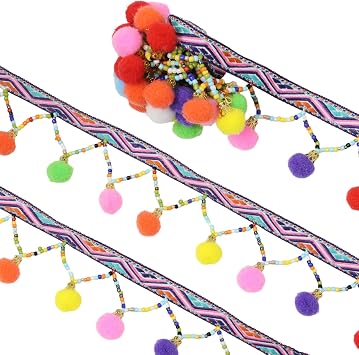 Yalulu 5 Yards Retro Rainbow Pom Pom Tassel Trim Ball Fringe Ribbon Handwork DIY Sewing Accessory Lace for Home Wedding Craft Party Decoration