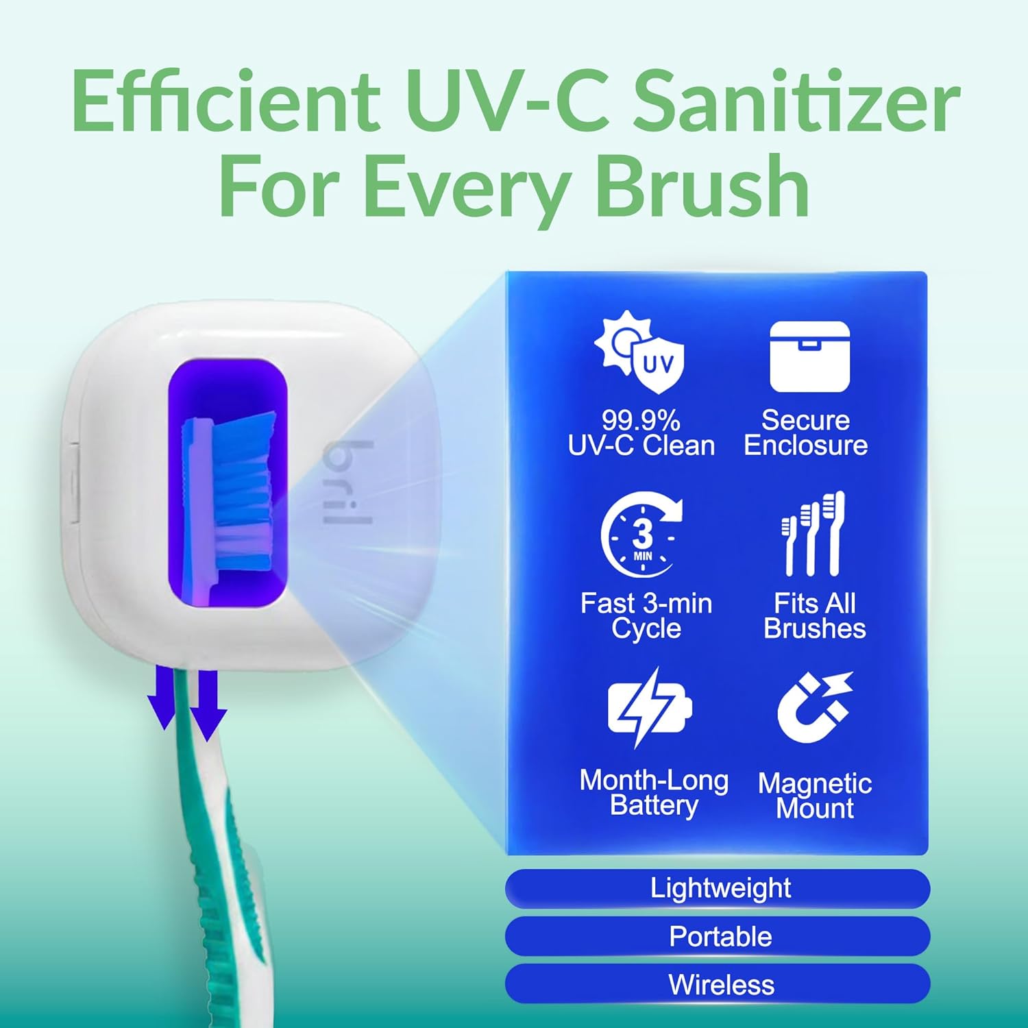 Bril UV-C Toothbrush Cleaner and Holder – Wall Mounted Toothbrush Head Cover, Electric & Manual Brush Cleaner Cover Case with Magnetic Mount, Portable, Durable, Rechargeable, Universal Fit – White