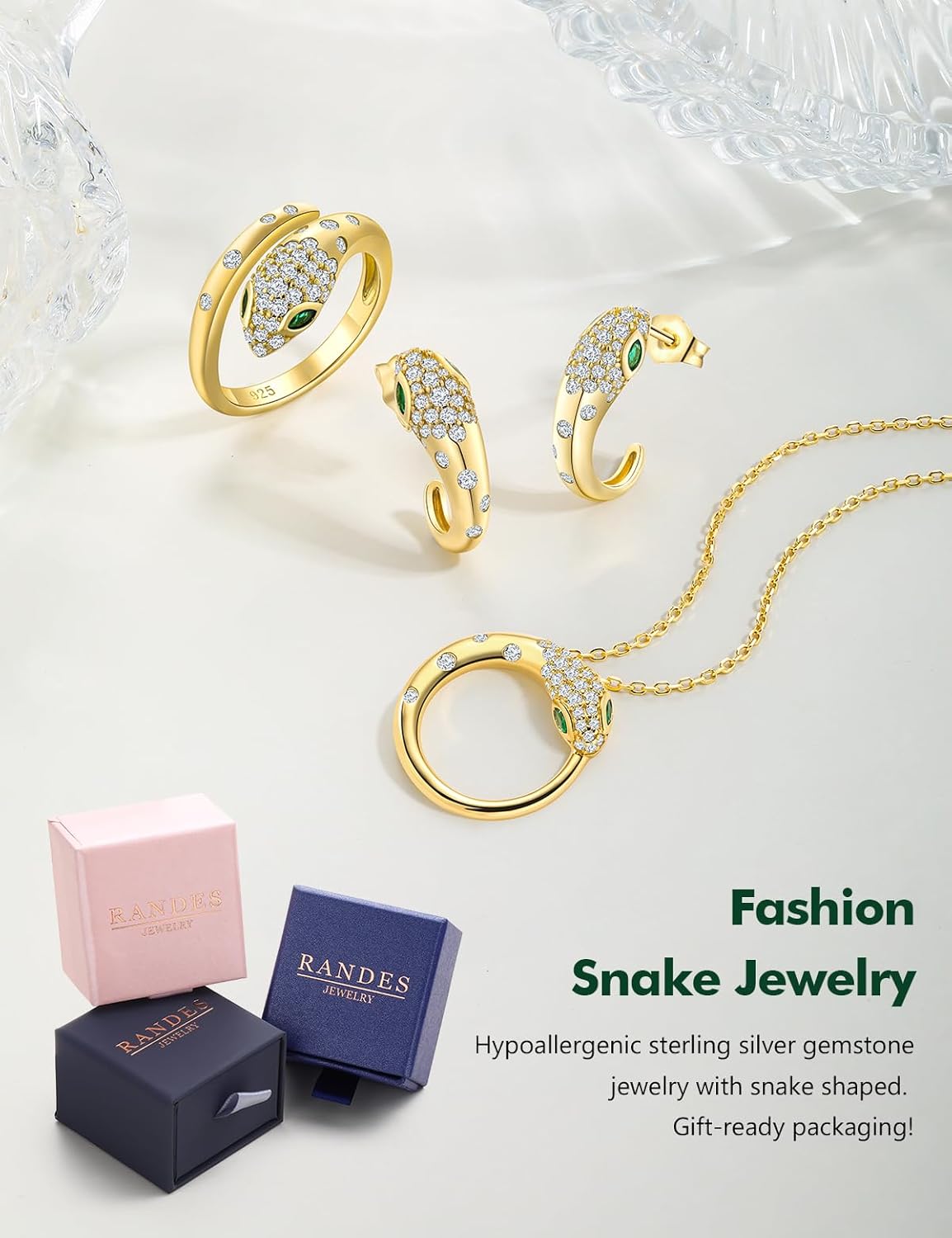 Fashion Snake Rings for Women Sterling Silver/14K Gold Plated Statement Cocktail Ring Punk Jewelry Adjustable Open Emerald CZ Snake Finger Ring Size 6-10 - Image 4