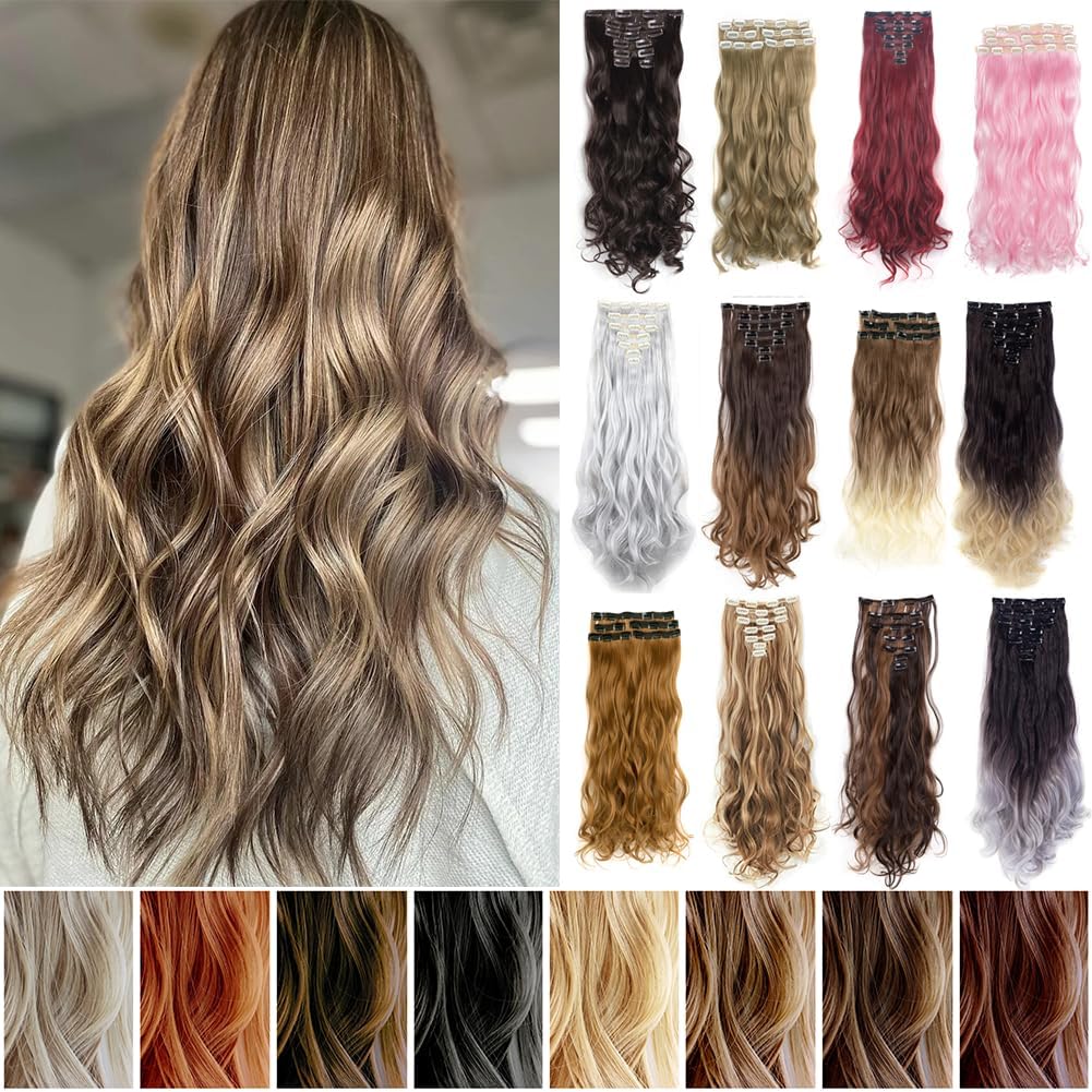 22" 7 Pcs 16 Clips Synthetic Hair Extensions Long Wavy Curly Straight Full Head Hairpiece Thick Double Weft 170g