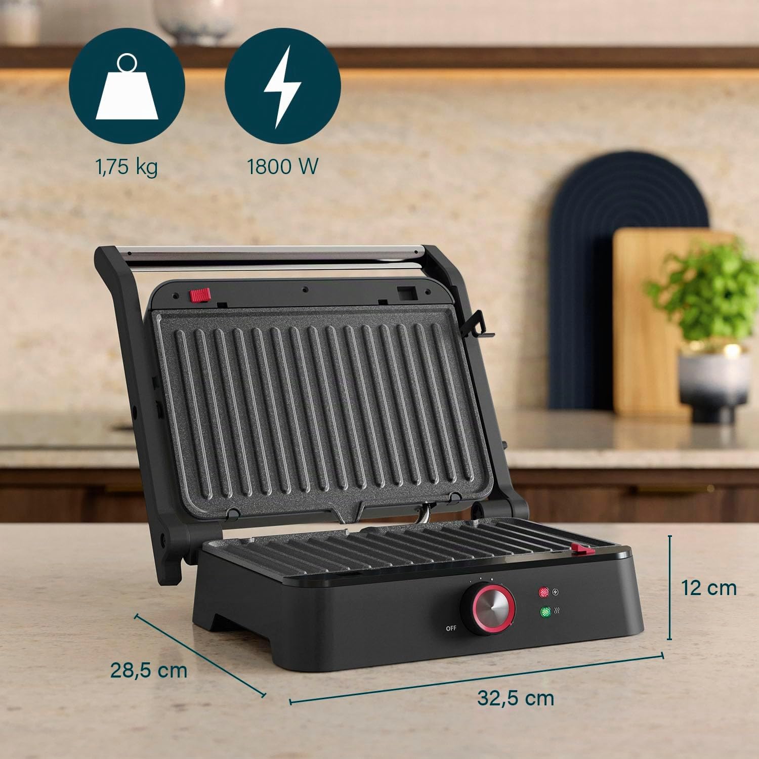 Princess Grill a Contatto, Apertura 180°, Piastre Rimovibili, Termostato Regolabile, Senza PFAS, Raccoglitore di Grassi, 1500 W, Superficie 27,5 x 18 cm, Acciaio Inox, 117502