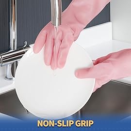 BOOMJOY PVC Cleaning Gloves, Heavy Duty Dishwashing Gloves, Reusable Medium Gloves for Kitchen, Bathroom, Gardening, Working, Pet Care - Pink & Blue & Yellow, 3 Pairs, Size M