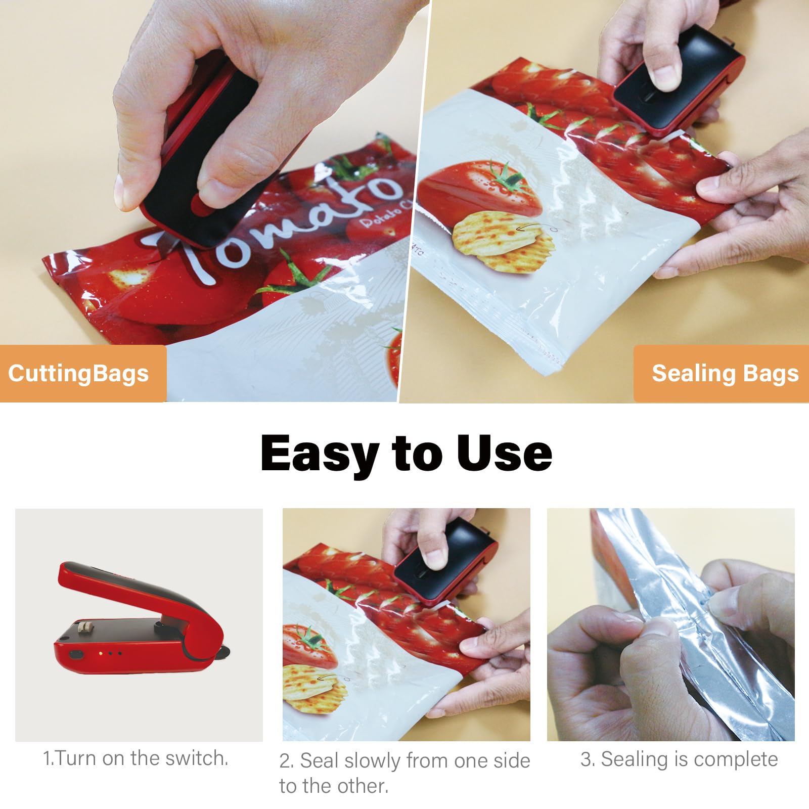 Mini sigillante per sacchetti, ricaricabile tramite USB, sigillatore a caldo, 2 in 1, con taglierina, per sacchetti di plastica, snack e alimenti (rosso)