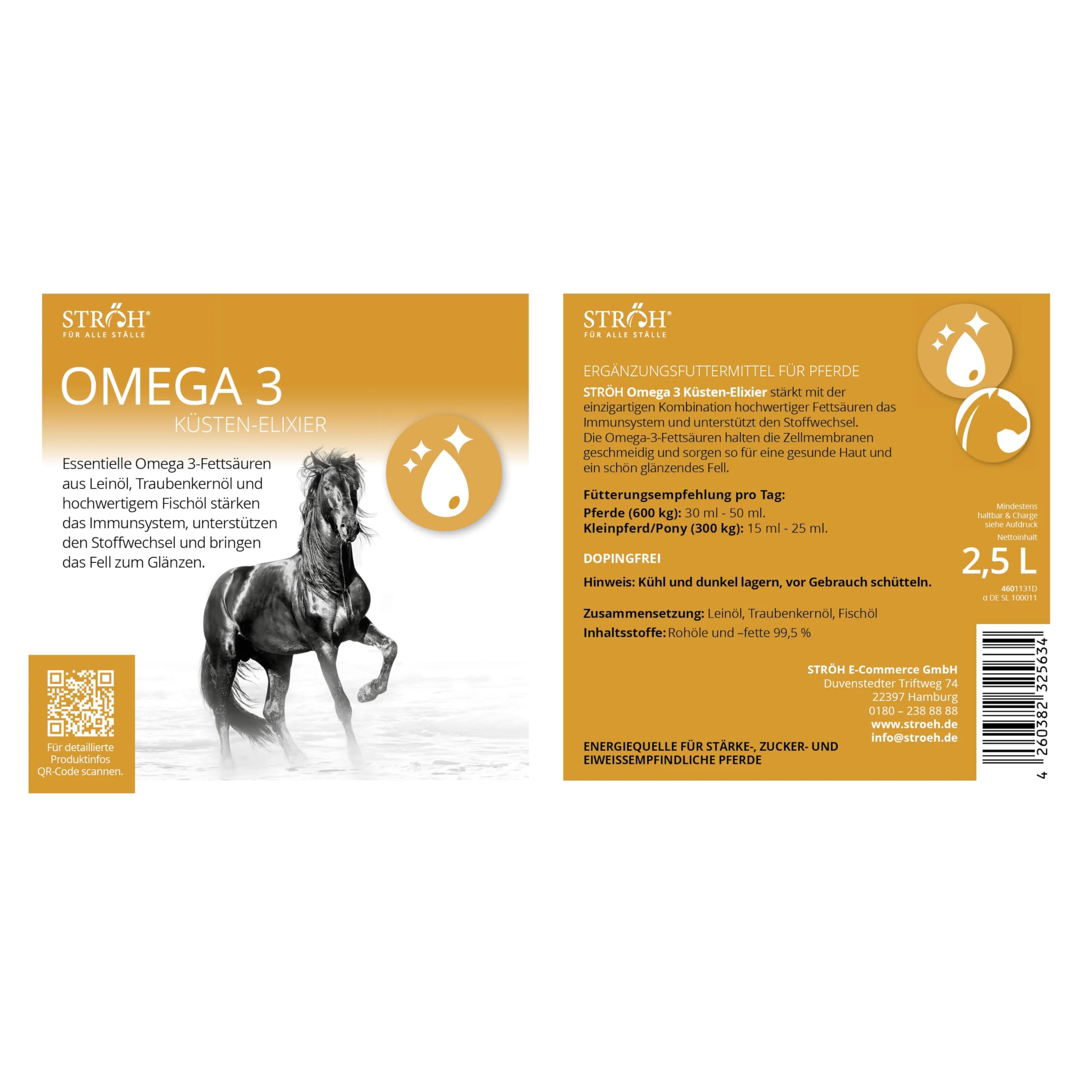 STRÖH Omega 3" Öl (2,5 L Kanister) für Pferde • Omega Fettsäuren aus Leinöl, Traubenkernöl & Fischöl