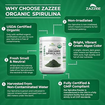 Zazzee USDA Organic Spirulina Powder, 2.2 Pounds (1 KG), 303 Servings