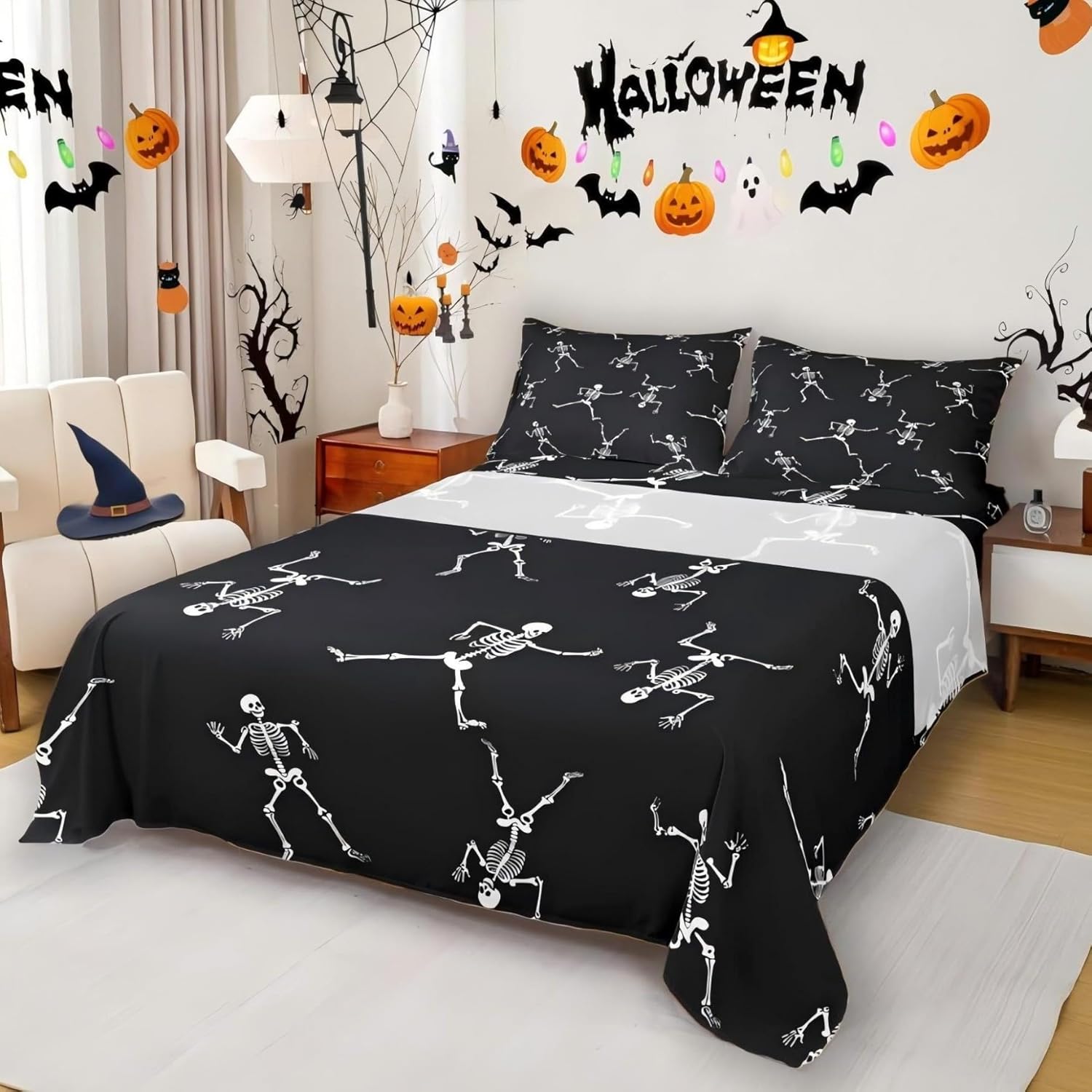 Erosebridal Sugar Skull Sheet Set Funny Skeleton Halloween Decorations,Cartoon Gothic Spooky Bone Bed Sheets King Size,Black and White Fitted Sheet Horror Sci-Fi Halloween Decor