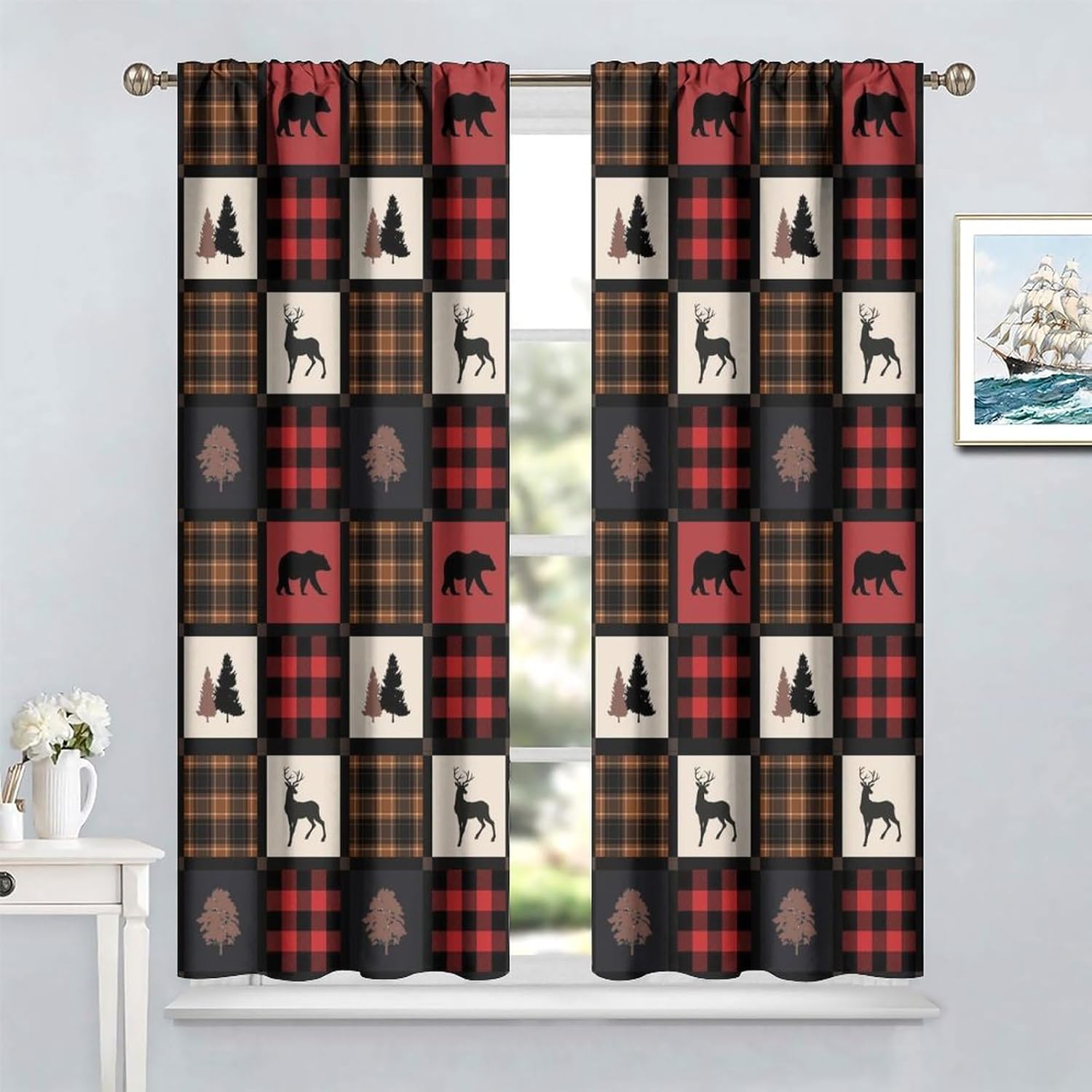 Cabin Retro Curtains Rustic Lodge Window Treatments, Bear Deer Moose Wild Animals Curtains for Living Room, Plaid Check Adventure Farmhouse Drapes 2 Panel Sets,42x63 Inch