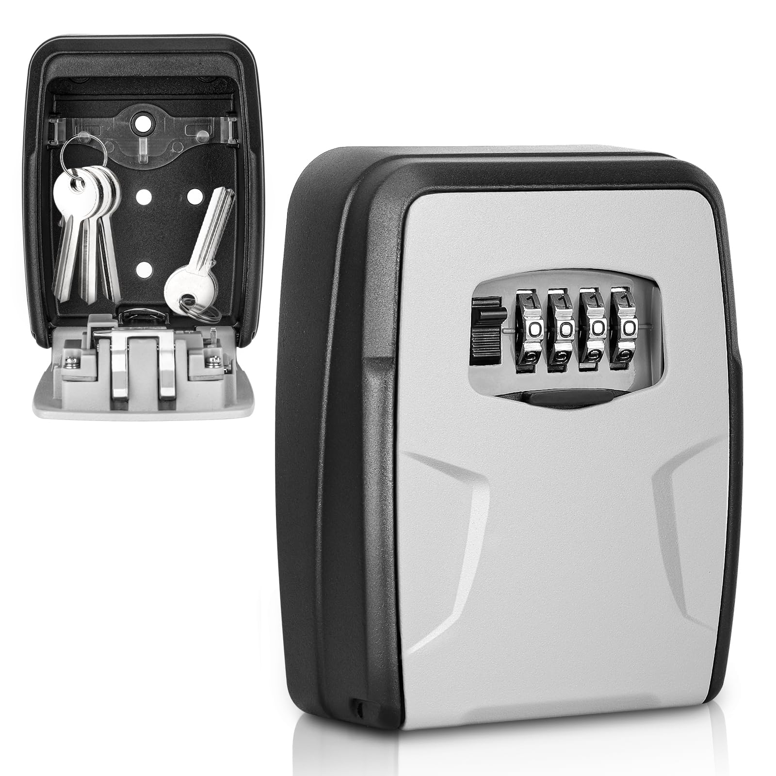 Oamwrae Key Safe, Key Lock Box with 4 Digit Combination Code, Wall Mounted, Waterproof, Black + Grey, 12.2 x 9.4 x 4.4 cm, Garage