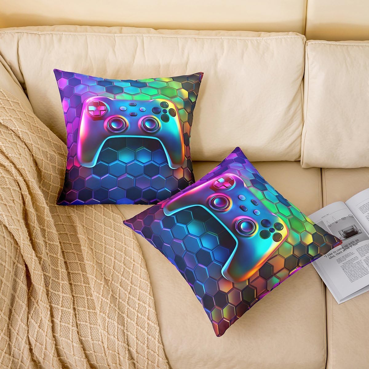 Video Games Throw Pillow Cover Geometric Gamer Controller Double Sides Print Squar Pillow Cover, Gaming Gamepad Cushion Cover for Bed Couch Sofa, Kids Boys Teens Room Decor, Single Pack 20"x20" image 4
