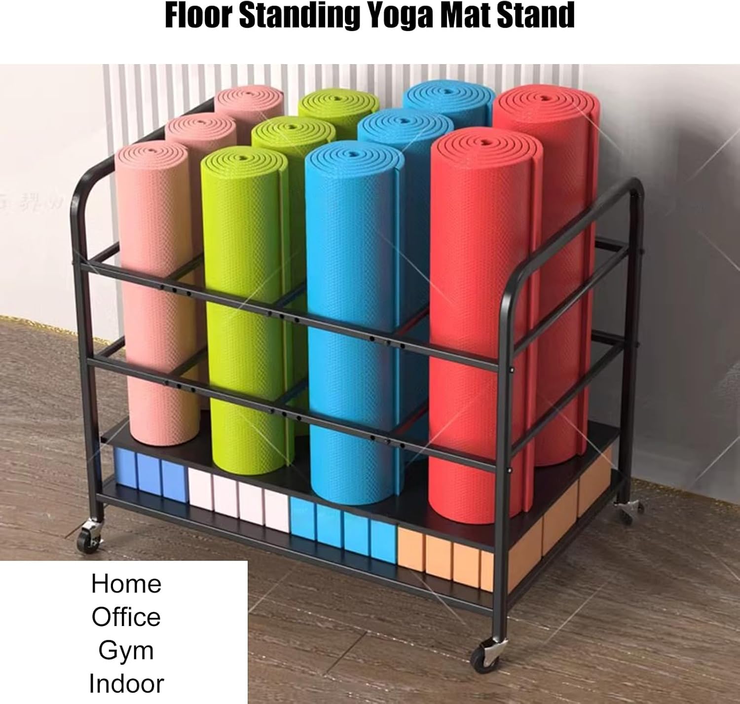 Commercial Yoga Mat Rack with Wheels, Freestanding Metal Pilates Mat Rack Adjustable Spacing in The Center, Multi-Functional Rolling Foam Roller Storage Rack for Gym & Yoga