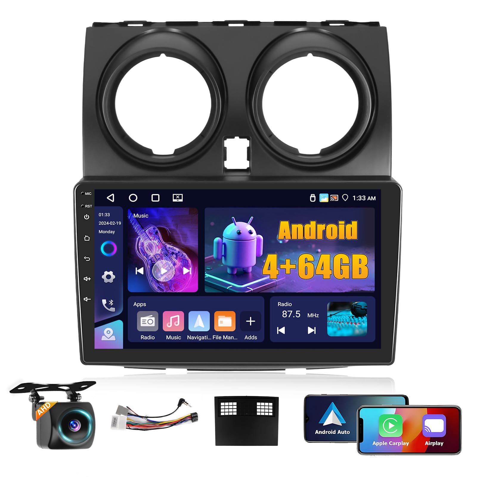 4+64G Android Autoradio pour Nissan Qashqai J10 2006-2016 Wireless Carplay Android Auto, 9'' IPS Touch Screen Radio Voiture avec Bluetooth 5.0/GPS/Caméra de recul/FM/WiFi/SWC