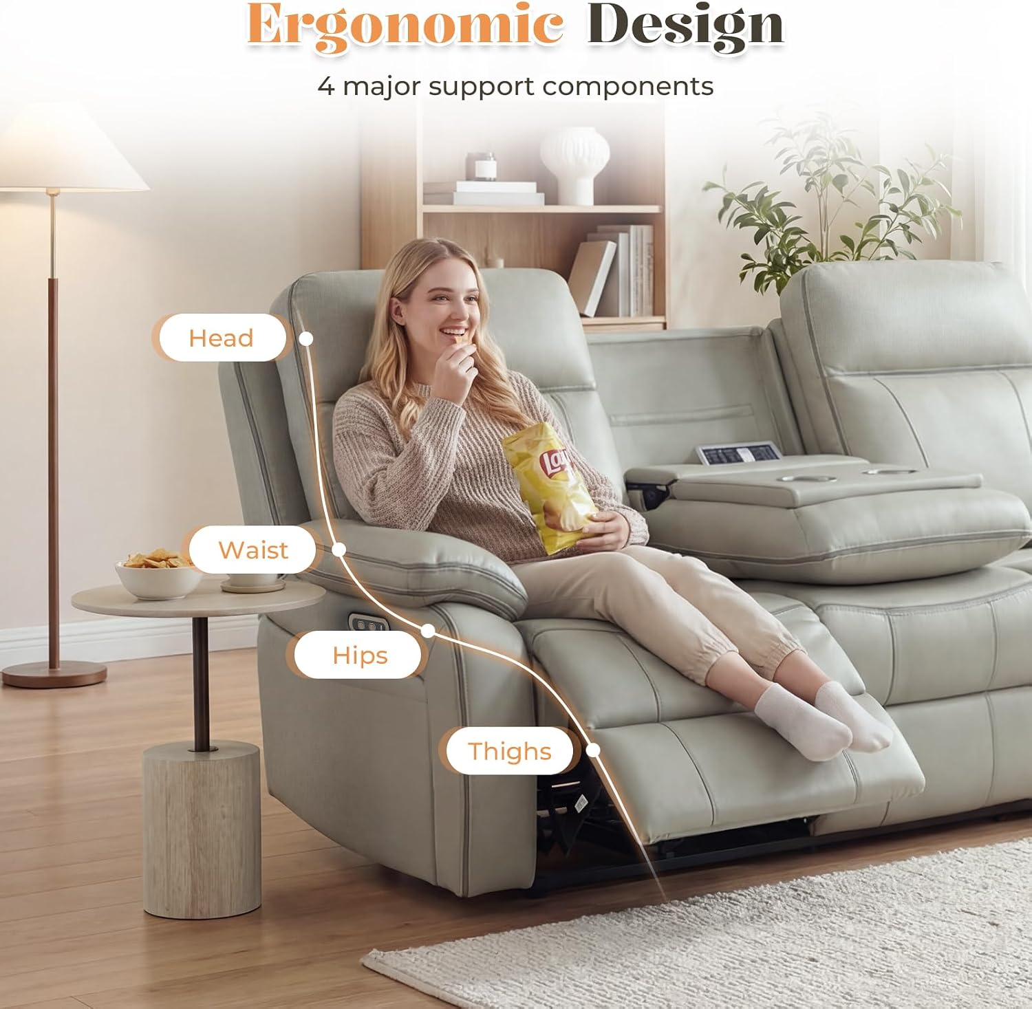 3 Seater Reclining Sofa with Drop Down Table, Breathable Leather Electric Reclining Couch Wall Hugger Recliner with Cup Holder/USB/Type C for Living Room Furniture(Gray, 3 Seater) | Electric Recliner, Top-Grade Leather, Full of Sponge