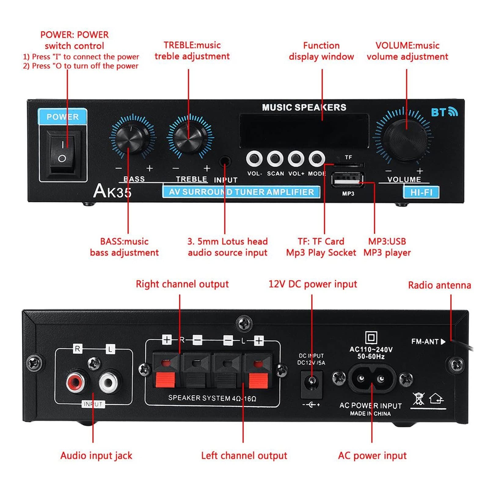 40. 0W + 400W. Wzmacniacz cyfrowy MINI 2.0 Kanałowy Odbiornik Bluetooth 5. Usb. Odtwarzacz muzyki Stereo Home/Car Marine Audio Amp