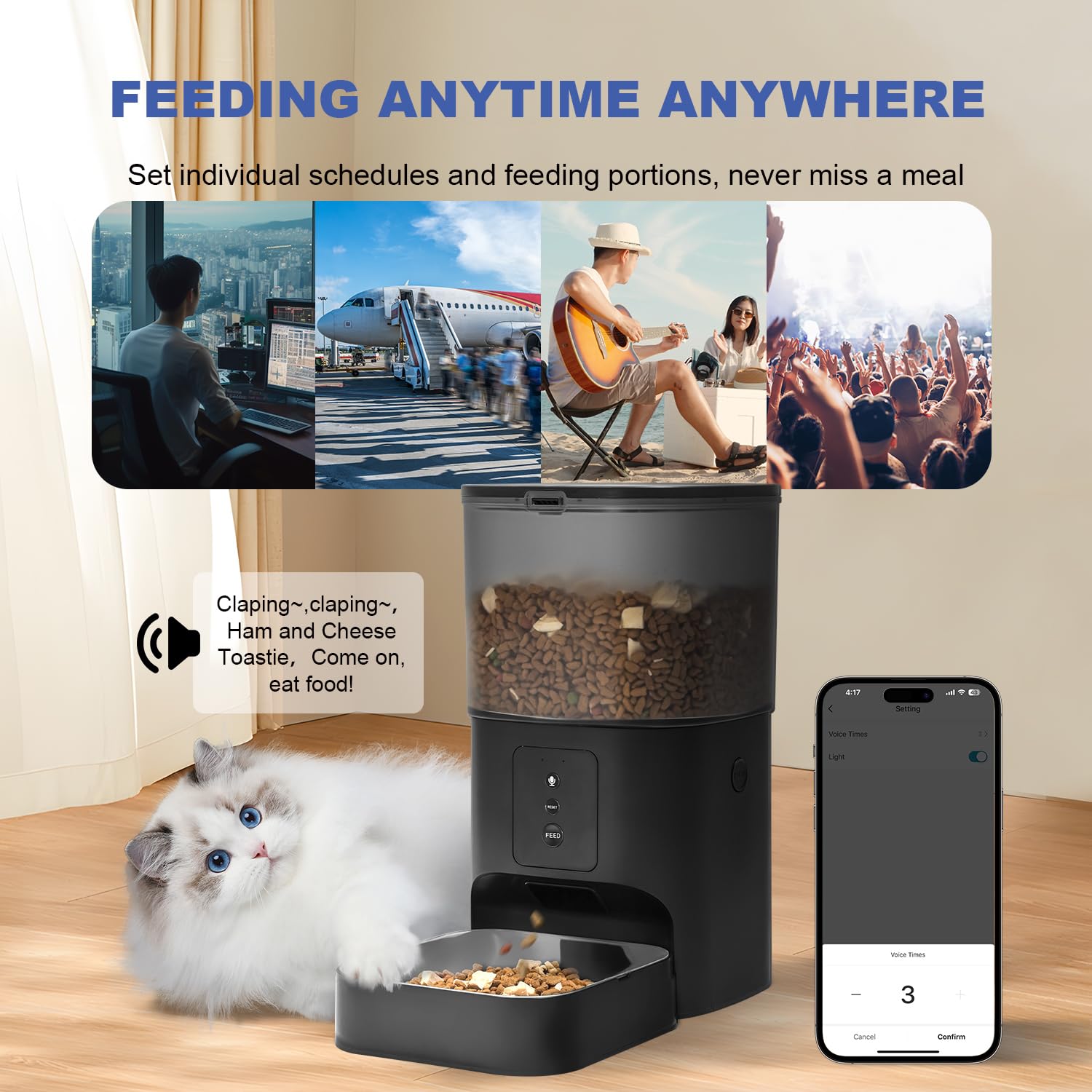 ANDOLL HOME 2.4G/5G Automatic Cat Feeder, 4L WiFi Food Dispenser with 10s Voice Recorder, Pet Feeder up to 10 Meals per Day, Timed Cat Feeder with Dry Food Sealed Ring view 4