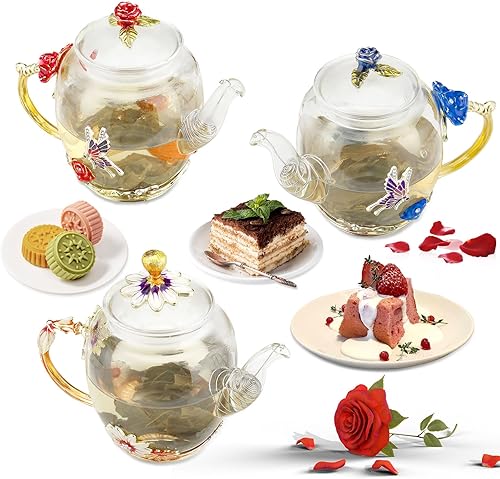 Miniatura 6 de Tetera de vidrio de 10 onzas líquidas  Decoración de mariposa de rosa azul, tetera de vidrio resistente al calor, tetera de hojas sueltas, tetera