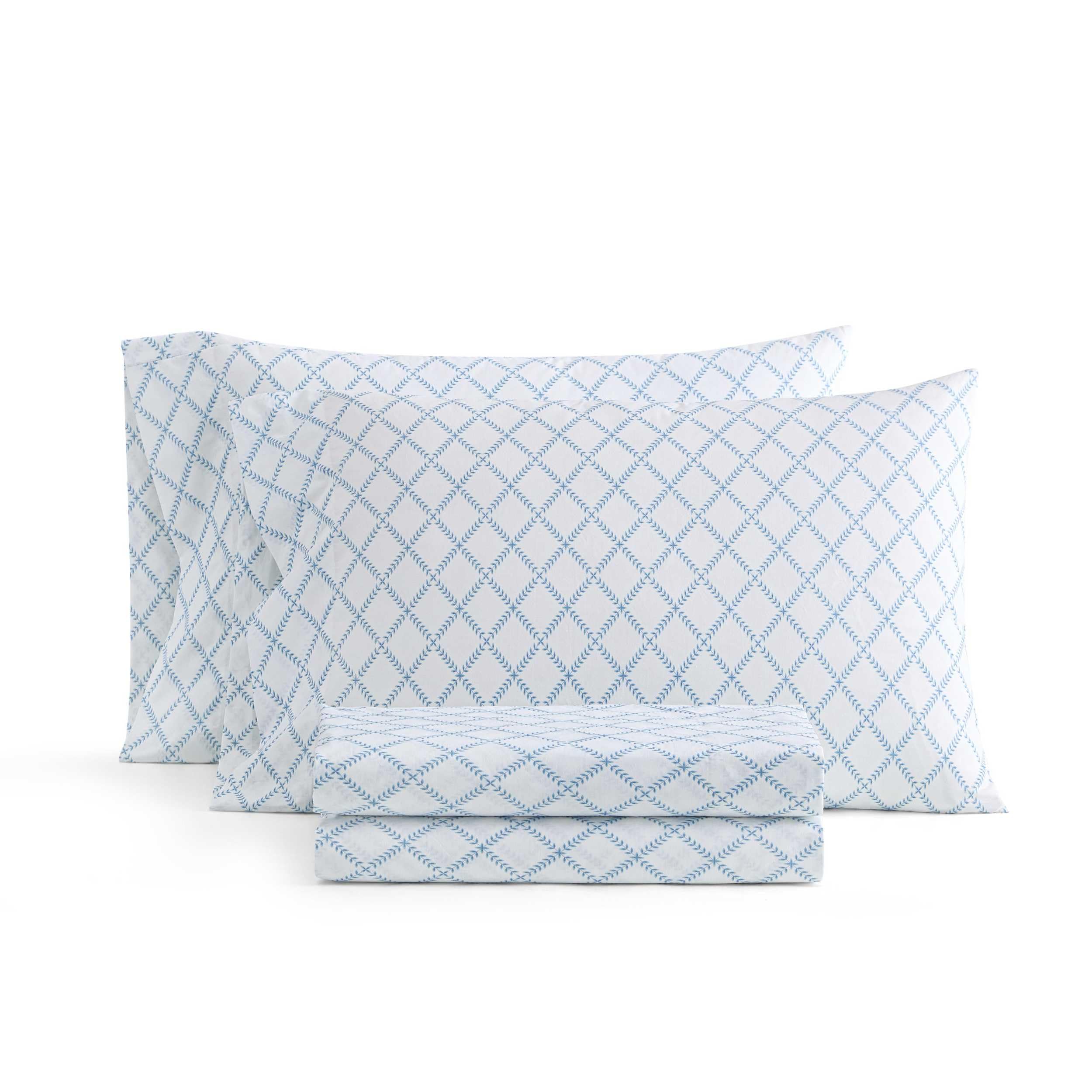 Martha Stewart - Queen Size Sheet Set, Crisp &amp; Tailored Sheets with a Smooth Cotton Percale Feel - Striped Bed Sheets with Matching Pillowcases &amp; Fitted Sheet (Leaf Trellis Blue)