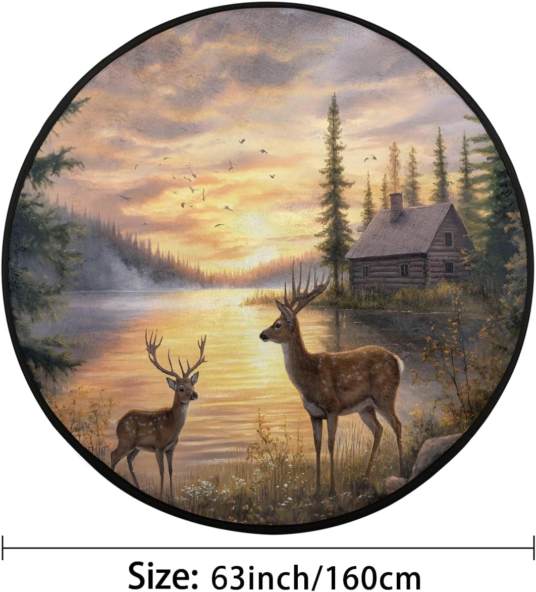 5 Ft Small Round Rug Deer Lake Landscape Soft Circle Area Rugs Non Slip Washable Circular Door Mat for Indoor Bedroom Living Room Nursery Kitchen Bathroom Entryway Home Carpet Decor