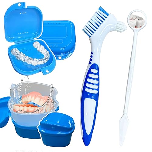 Estuche de dentadura postiza caja de baño contenedor con dentadura postiza cepillos de dientes espejo dental para limpieza de viajes, caja de