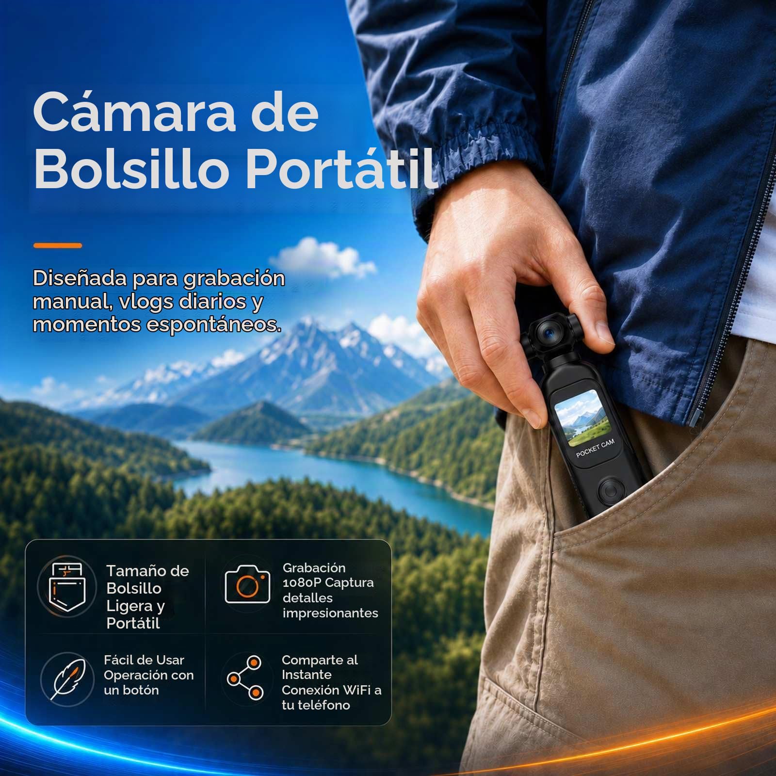 Cámara de vlogging con objetivo giratorio de 270°, cámara de bolsillo con grabación de audio y vídeo, batería de 14 horas, cámaras PV portátiles de 64 GB, grabación fácil con un botón