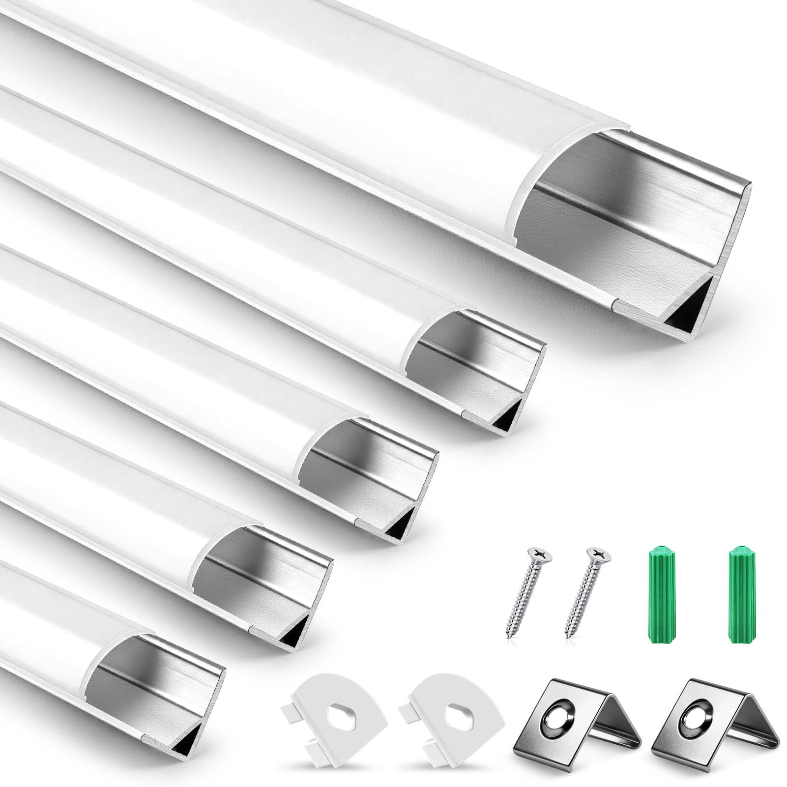 Set di 5 profili LED in alluminio a forma di U, colore argento, con copertura bianca latte, tappi terminali e clip di montaggio, profilo di estrusione in alluminio per strisce LED V02