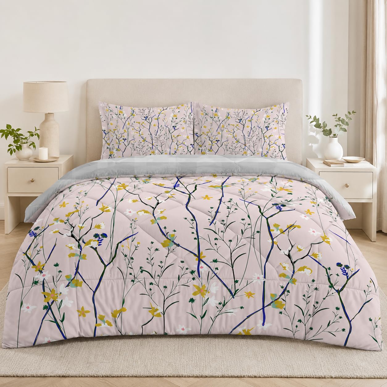LSSLK Yellow Florals King Size Duvet Reversible Coverless Duvet King Size, Soft All Seasons Comforter Machine Washable Microfiber Quilt with 2 Pillowcases, 220x230 cmTwigs