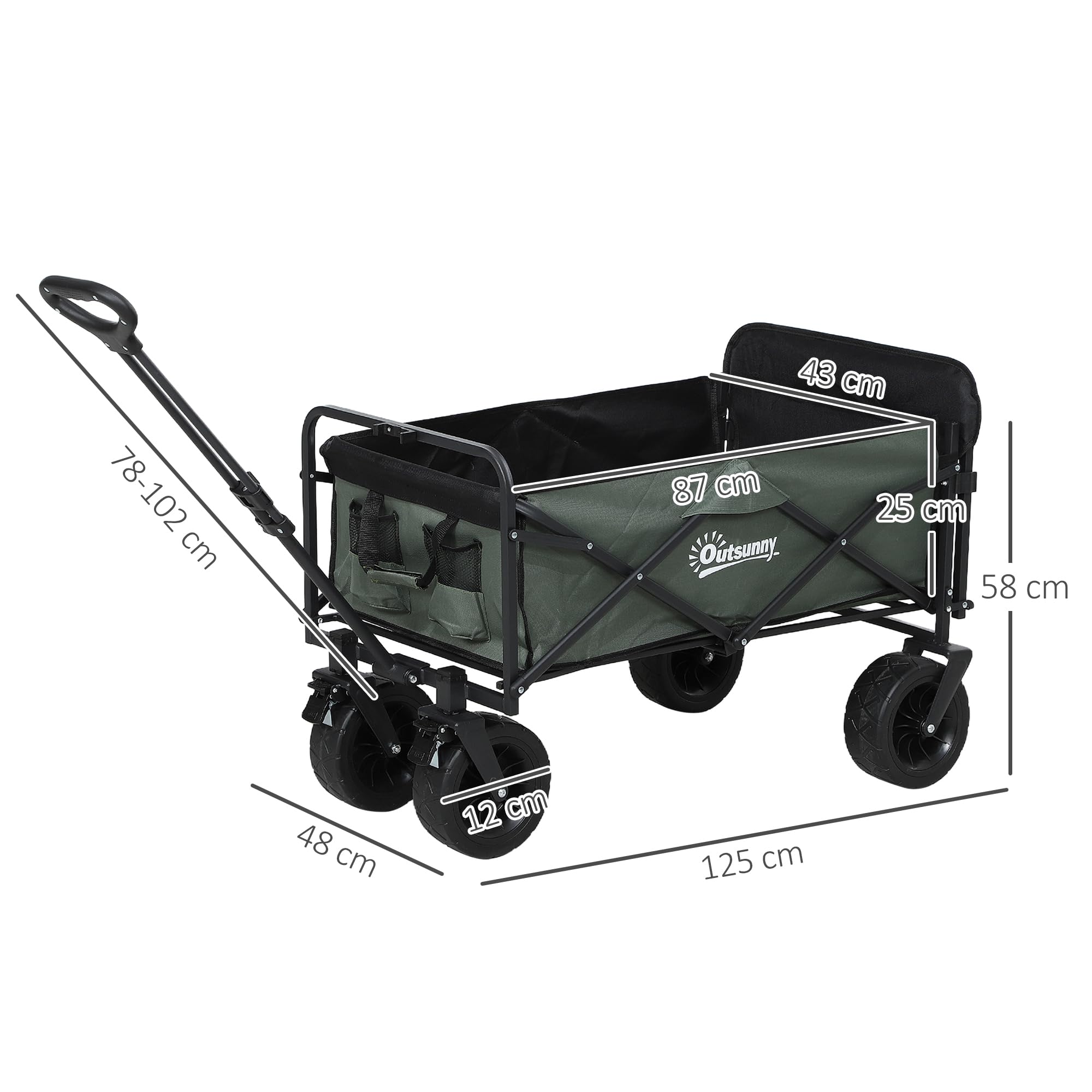 Outsunny Carrello da Giardino da 95L con 4 Ruote Carrello Spiaggia Verde | Pieghevole, Acciaio e Tessuto Oxford, Borsa da Trasporto Lavabile, 2 Tasca Portaoggetti, Maniglia Girevole e Regolabile