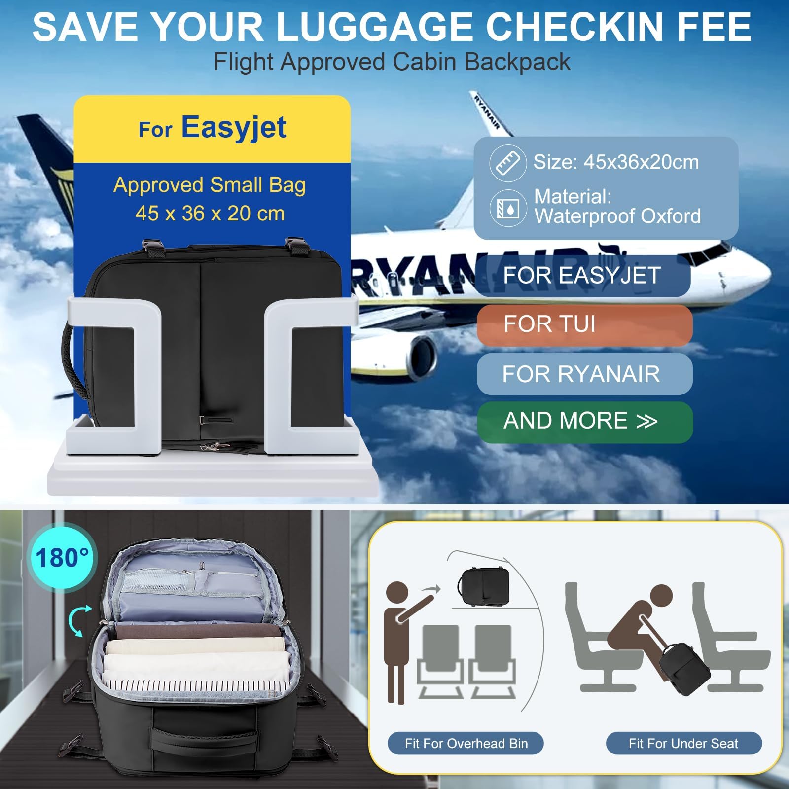 SZLX Zaino Ryanair 40x20x25 Bagaglio a Mano Easyjet 45x36x20 Donna Zaino da Viaggio Aereo Borse da Cabina Impermeabile Uomo Adatto a PC da 14 pollici Travel Backpack per Sportivo Trekking