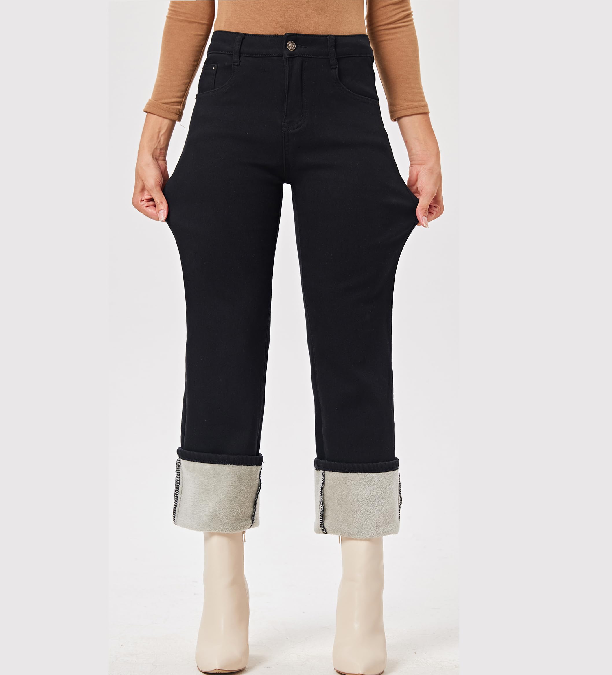Fakanhui Damen Fleece Gefüttert Weites Bein Jeans Winter Thermo Flanell Lose Casual Warm Jeans