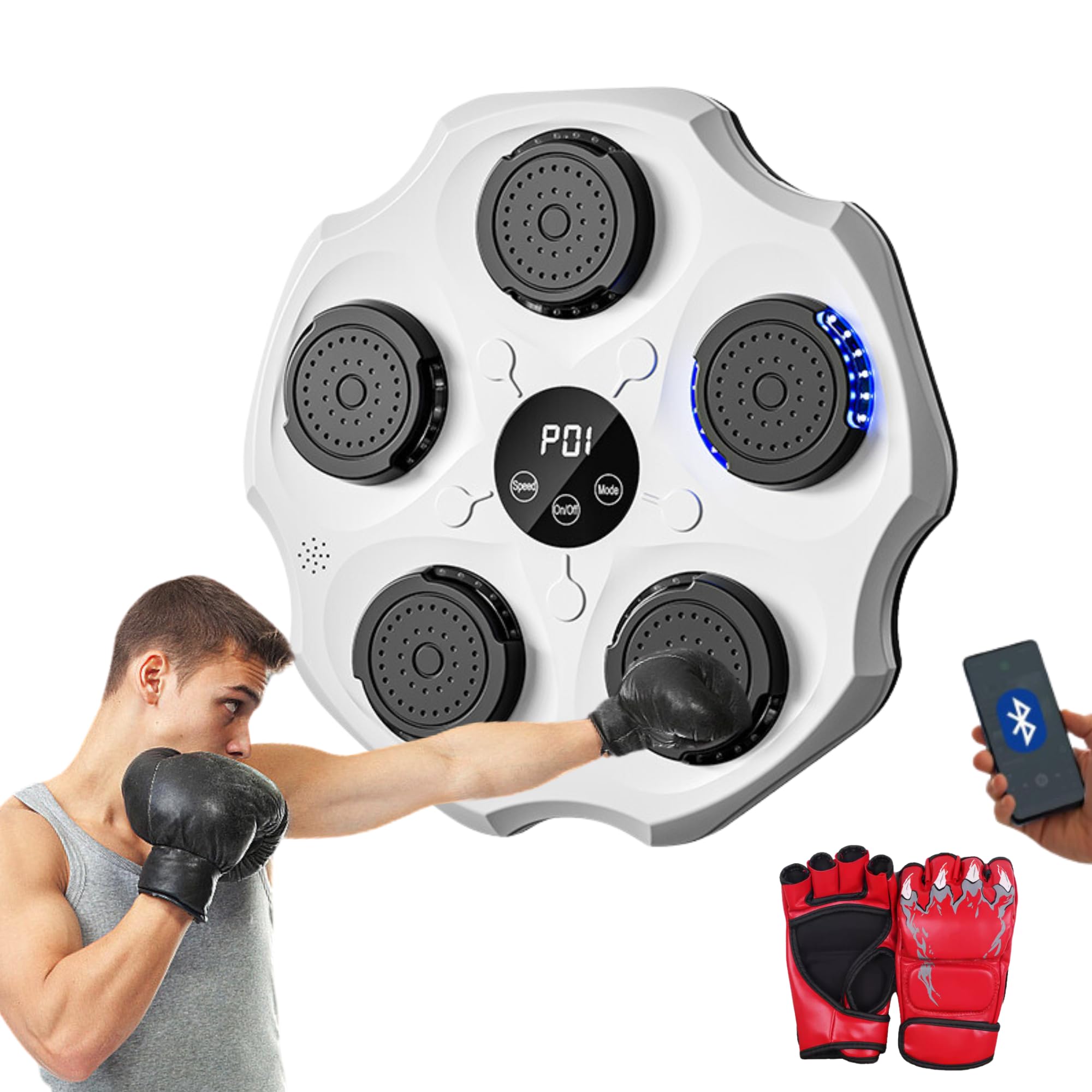 Muzyczna Maszyna Bokserska, Sprzęt do Treningu Boksu Ściennego z PU z Rękawicami Bokserskimi, Podkładka Bokserska LED, Bluetooth, Światła w Rytm Muzyki.(2 modos, 43x43x5 cm)