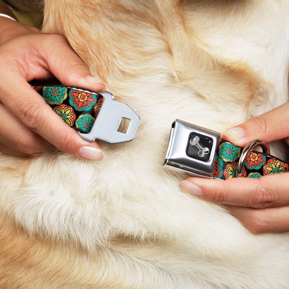 Dog Collar Seatbelt Buckle Boho Mandala Black Yellow Turquoise Orange 15 to 26 Inches 1.0 Inch Wide