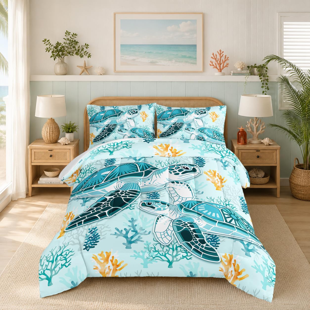 HOSIMA Coastal Beach Themed Sea Turtle Queen Comforter