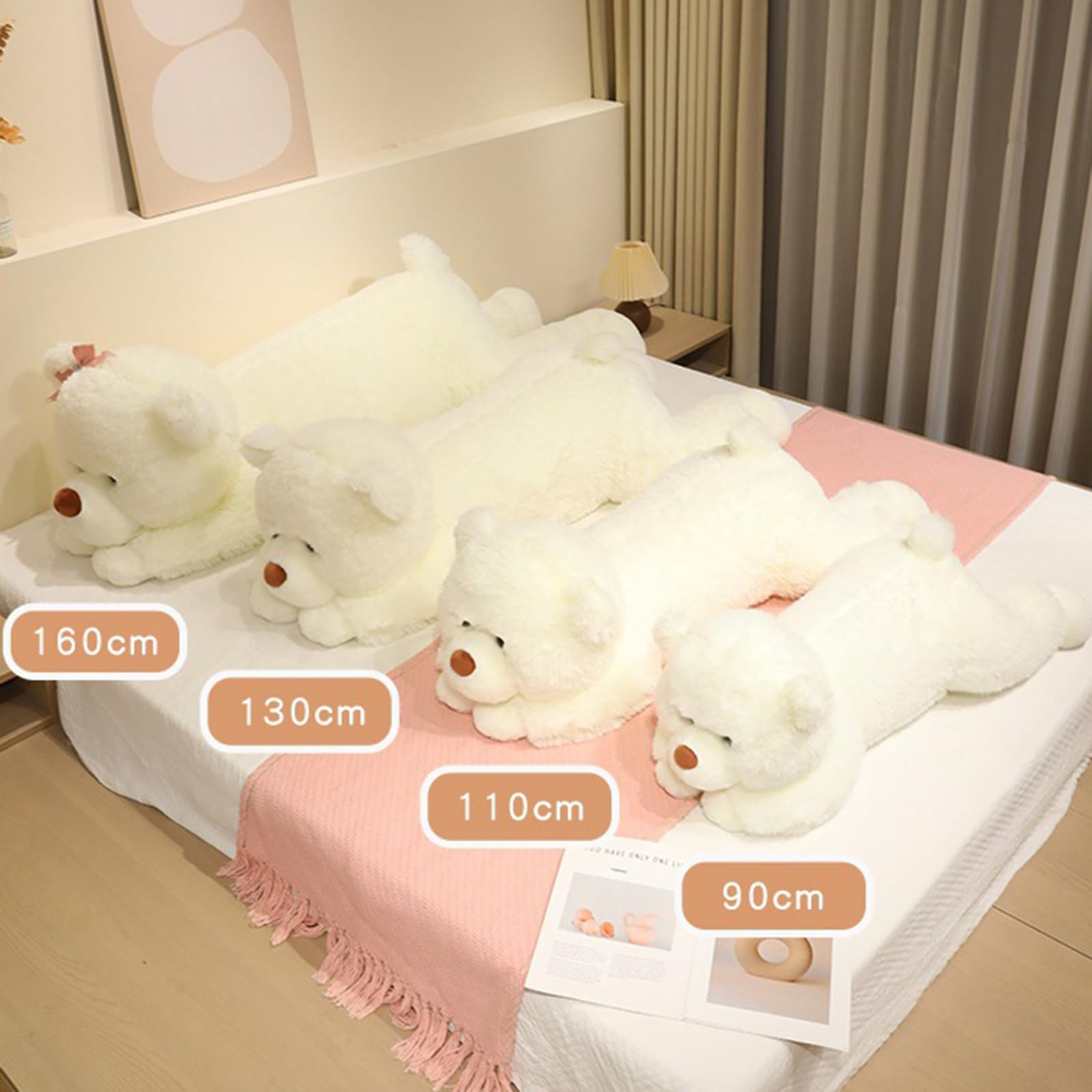 Niedlicher Rosa Teddybär Plüschtier, weicher liegender Bär Kuscheltier mit Schleife, süßes Plüschtier Teddy, weiches Stofftier Geschenk für Kinder Mädchen und Jungen (90cm,Fen)