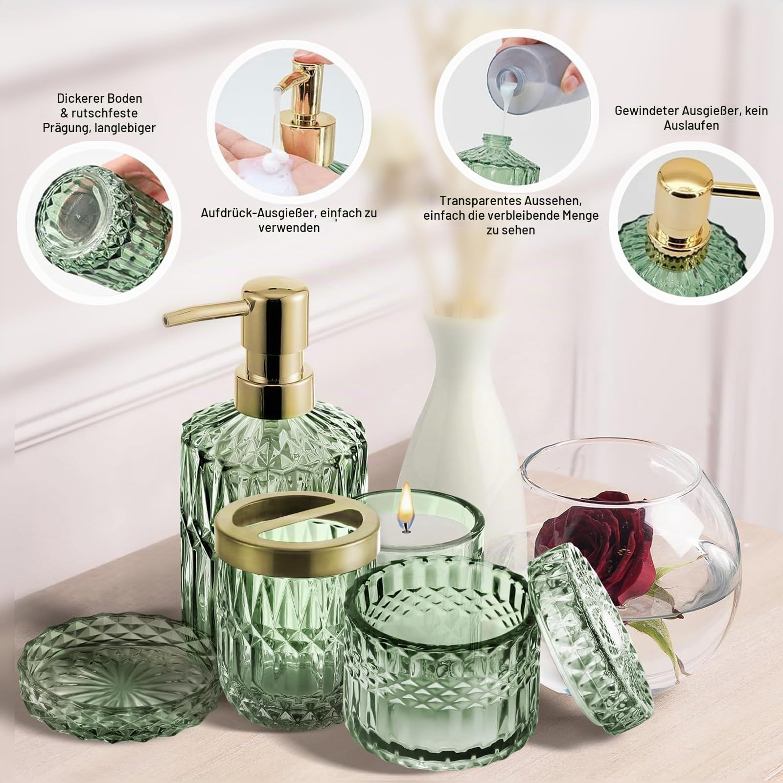 RUNQIN Seifenspender Zahnputzbecher Set, 5 Badezimmer Set mit Zahnbürstenhalter, Zahnputzbecher,Seifenschale,Seifenspender,Wattestäbchen Gläser, Bad ZubehöR Set für Edle Badezimmer Deko in Grünes Glas