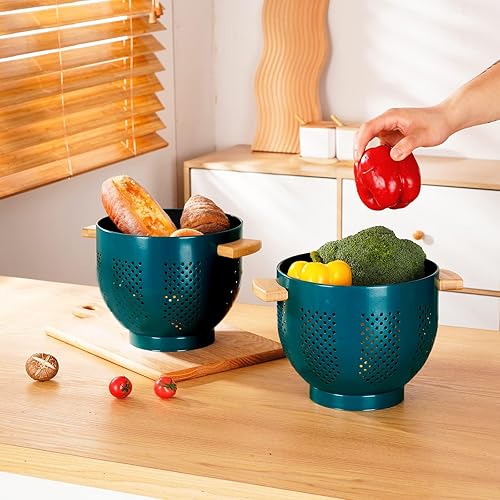 Miniatura 3 de Colador de metal con mango de madera, colador de cocina grande de acero recubierto en polvo, base estable, (verde, 5.5 QT)