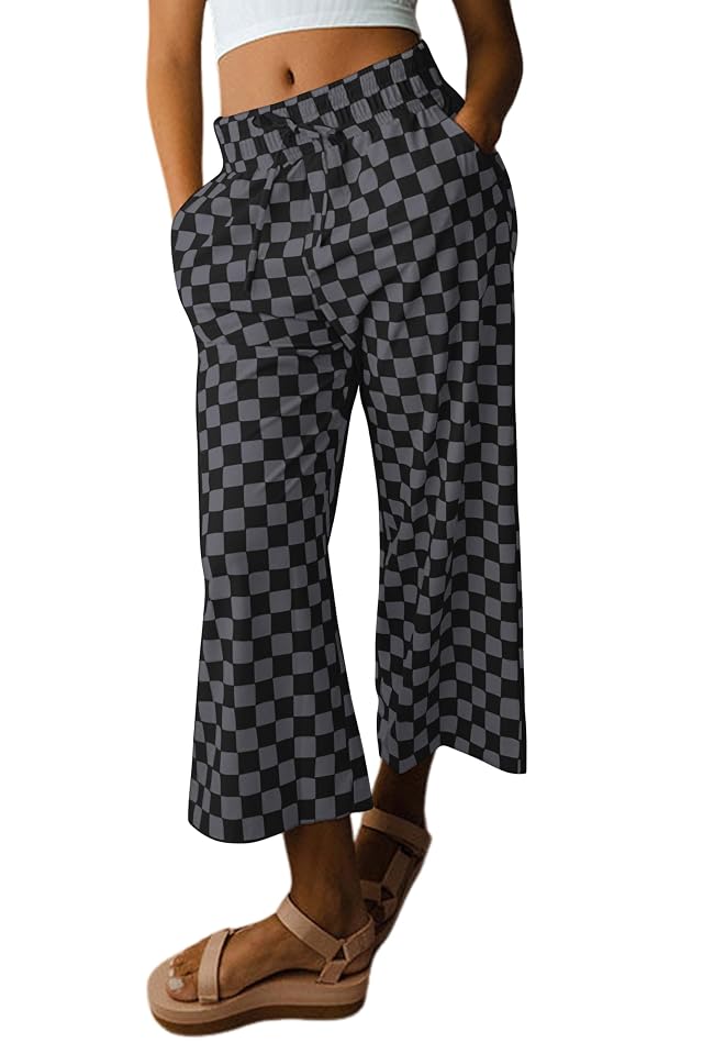 SELINK Women Casual Checkered Elastic High Waist Loose Pajama Pants with Pockets Plaid Straight Wide Leg Soft Daily